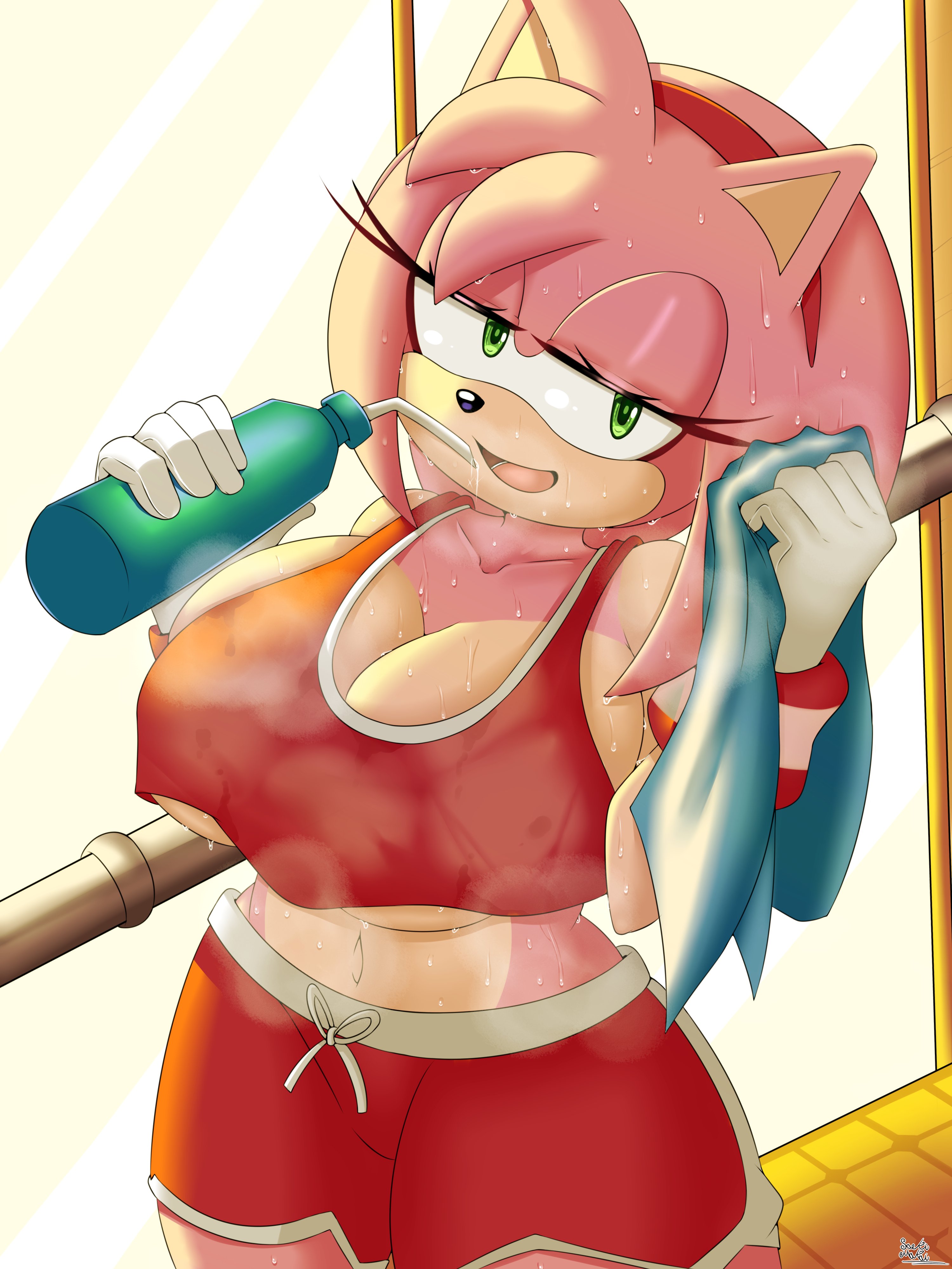 1girls, 5 fingers, accessory, alternate breast size, alternate costume, amy rose, anthro, athletic, bedroom eyes, big breasts, black nose, bodily fluids, breasts, clothed, clothed anthro, clothed female, clothing, collarbone, countershade torso, countershading, eulipotyphlan, exercise, eyelashes, female, female anthro, female only, fingers, fully clothed, fully clothed anthro, fully clothed female, gloves, green eyes, hair accessory, hairband, handwear, hedgehog, huge breasts, iris, looking at viewer, mammal, narrowed eyes, navel, open mouth, open smile, pink body, pink quills, pupils, quill hair, red hairband, saeki makai, seductive, sega, small nose, smile, solo, sonic (series), sonic the hedgehog (series), sportswear, sweat, sweatdrop, tagme, towel, under boob, wearing gloves, white clothing, white gloves, white handwear, workout