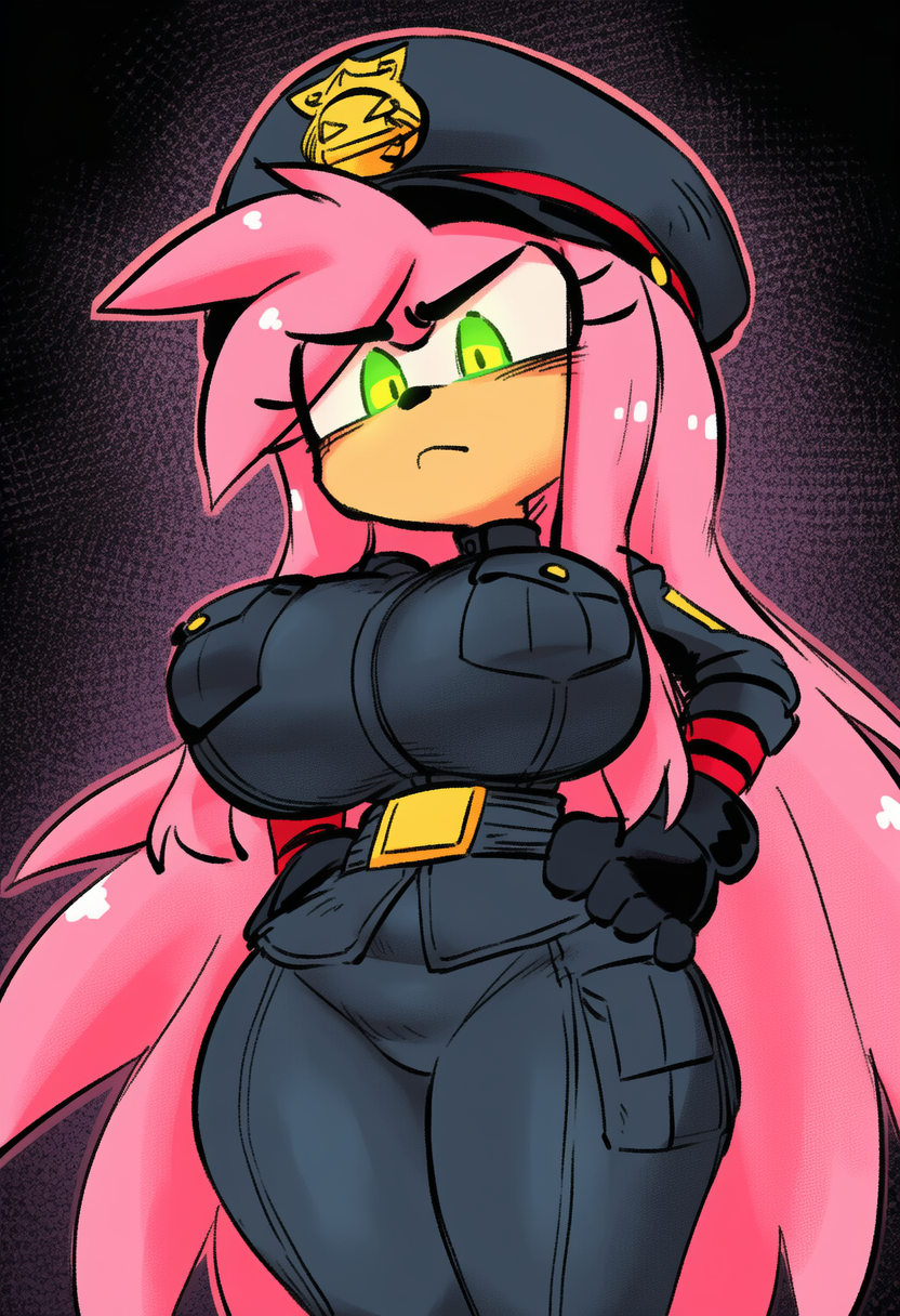 1girls, ai generated, amy rose, annoyed expression, anthro, disgusted, evil, fully clothed, furry, huge breasts, kimmythefem, looking down, looking down at viewer, military, military uniform, no sex, sega, slim waist, solo, sonic (series), sonic the hedgehog (series), thick thighs, tight clothing, wide hips