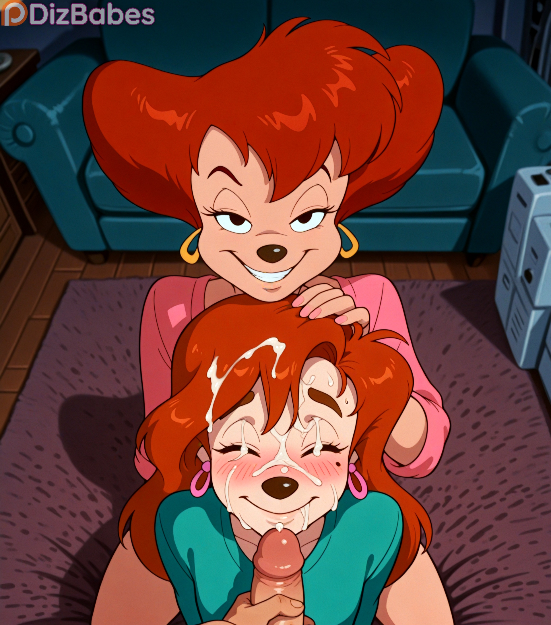 1boy, 2girls, 2girls1boy, after oral, age difference, ai generated, anthro, anthro female, assisted sex, black eyes, blush, canine, cartoon, closed eyes, clothed female nude male, cum, cum on chin, cum on closed eye, cum on face, cum on forehead, cum on hair, cumshot, disney, dizbabes, earrings, ejaculation, encouragement, facial, female, ffm threesome, goof troop, grin, hand on another's head, hoop earrings, kneeling, kneeling oral position, looking at viewer, male, male masturbation, mature female, milf, mole, mole under eye, multiple girls, nervous, nervous smile, orange hair, parted lips, peg pete, penis, pov, pov eye contact, roxanne (goof troop), shy, smile, smiling at viewer, stable diffusion, threesome, western cartoon