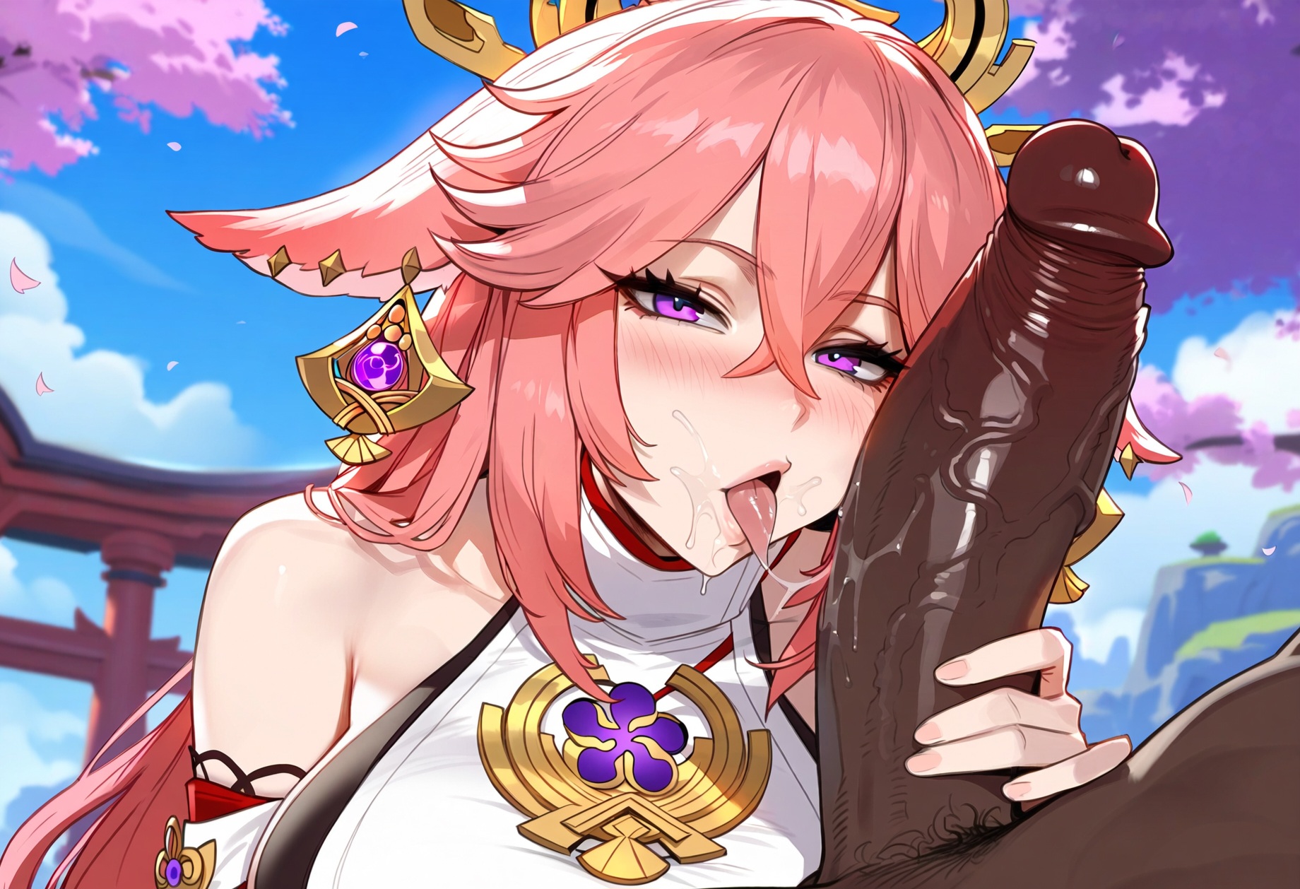 1boy, 1boy1girl, 1girls, ai generated, big penis, blush, dark-skinned male, female, floox, fuck me eyes, genshin impact, huge cock, imminent oral, imminent sex, interracial, kitsune, licking penis, light-skinned female, pov, saliva, saliva string, saliva trail, seductive look, shrine maiden, tongue out, yae miko