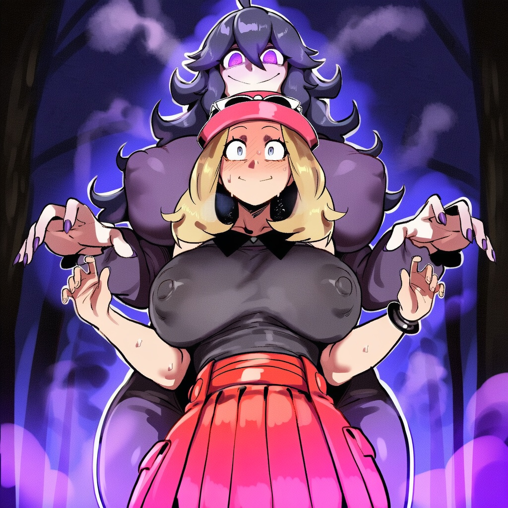 2girls, ai generated, female, female focus, female only, forest, hex maniac, honey hair, huge ass, huge breasts, imminent sex, ishimo, pokemon, pokemon xy, scared, serena (pokemon games), serena (pokemon), surprised, tagme, thick thighs