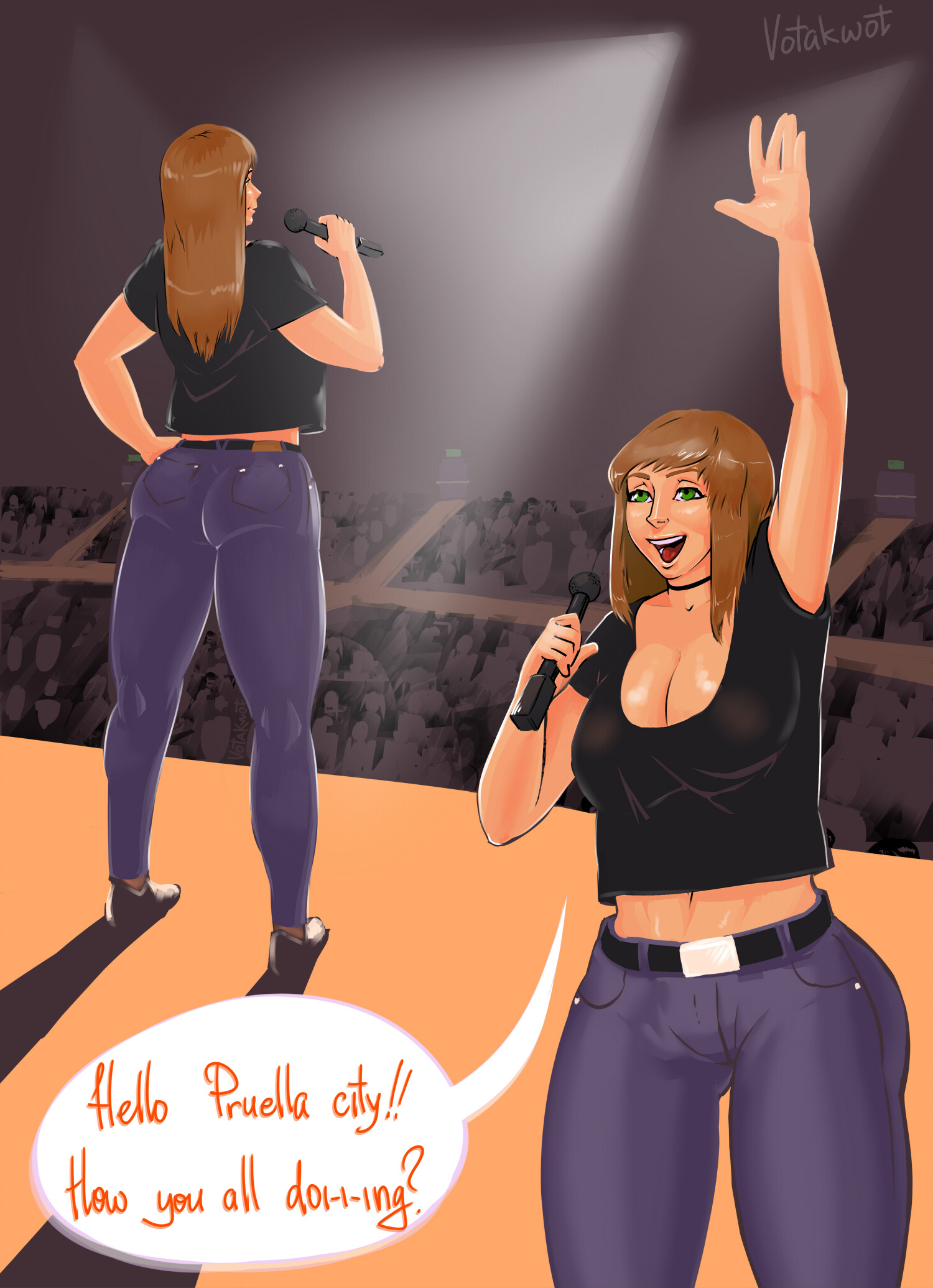 2020, braless, brown hair, comic, crowd, crowd watching, green eyes, jeans, milk plague-city hall incident, page 1, text, votakwot