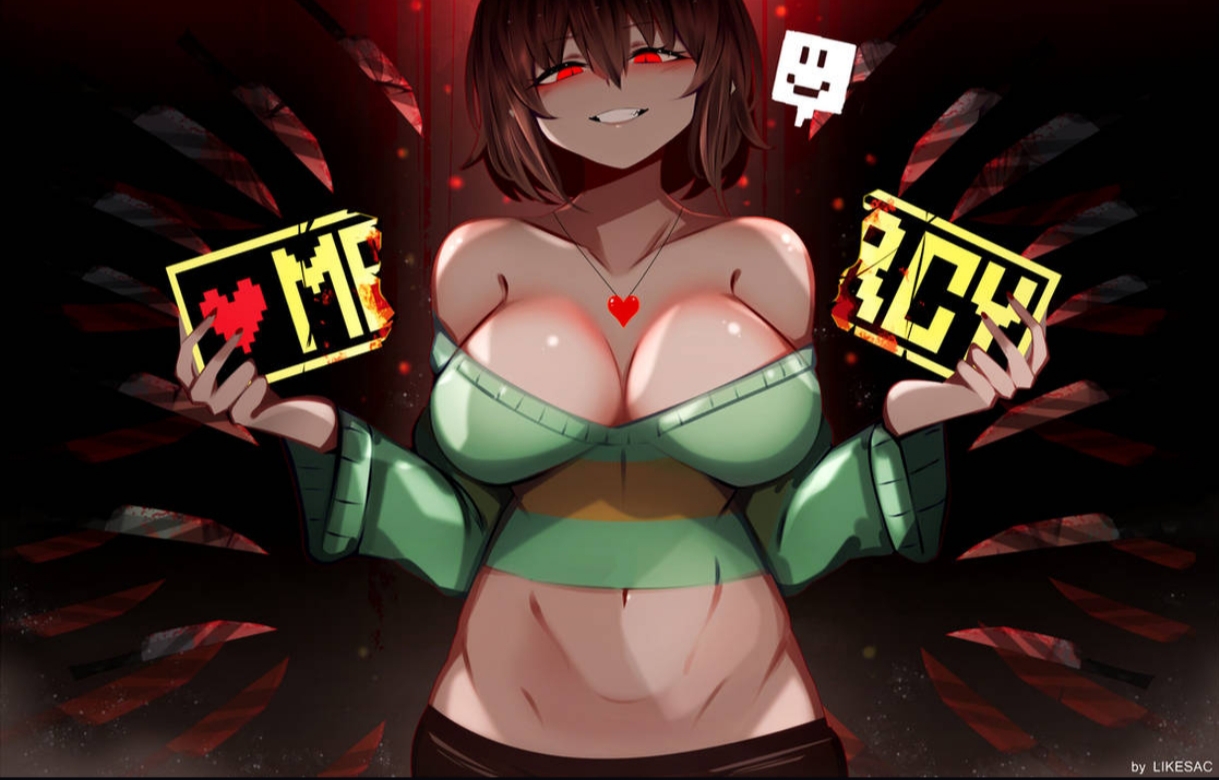 =), aged up, chara, chara (undertale), chara dreemurr, cleavage, female, female chara, heart locket, heart symbol, likesac, text, too small clothes, undertale, undertale (series)