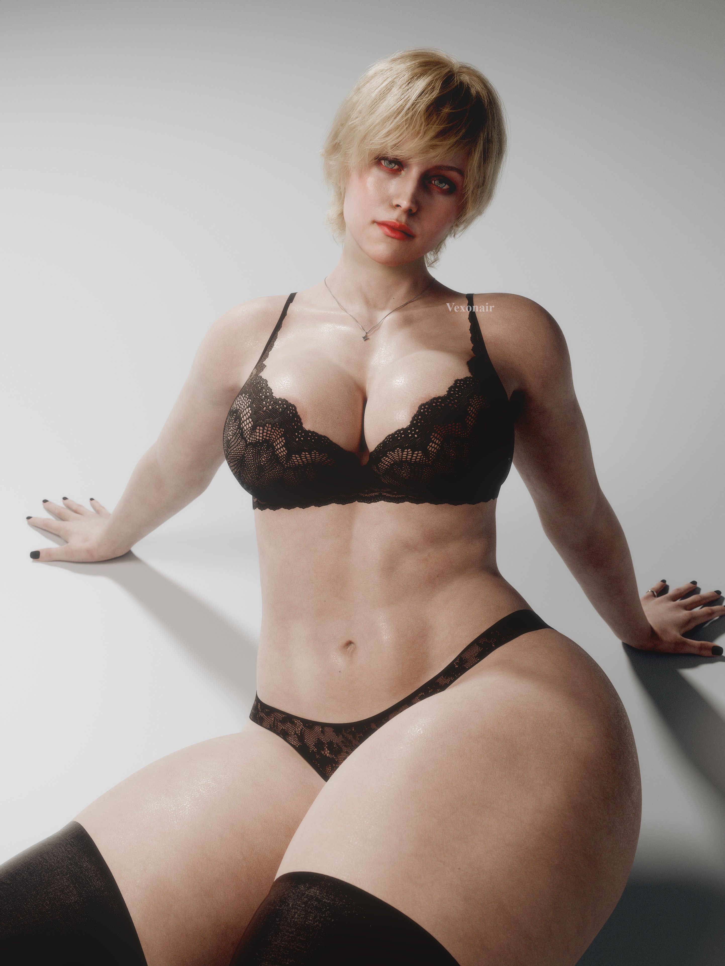 3d, 3d (artwork), 3d model, 40 year old, ass, black bra, black panties, blonde, blonde female, blonde hair, blonde-haired female, blue eyes, bra, breasts, female, hair, light skin, light-skinned female, lips, looking at viewer, mature, mature female, mature woman, panties, resident evil, resident evil 9: requiem, sherry birkin, sherry birkin (bridgette haze), sitting, solo, vexonair, white background, youthful, youthful face, youthful features, youthful look