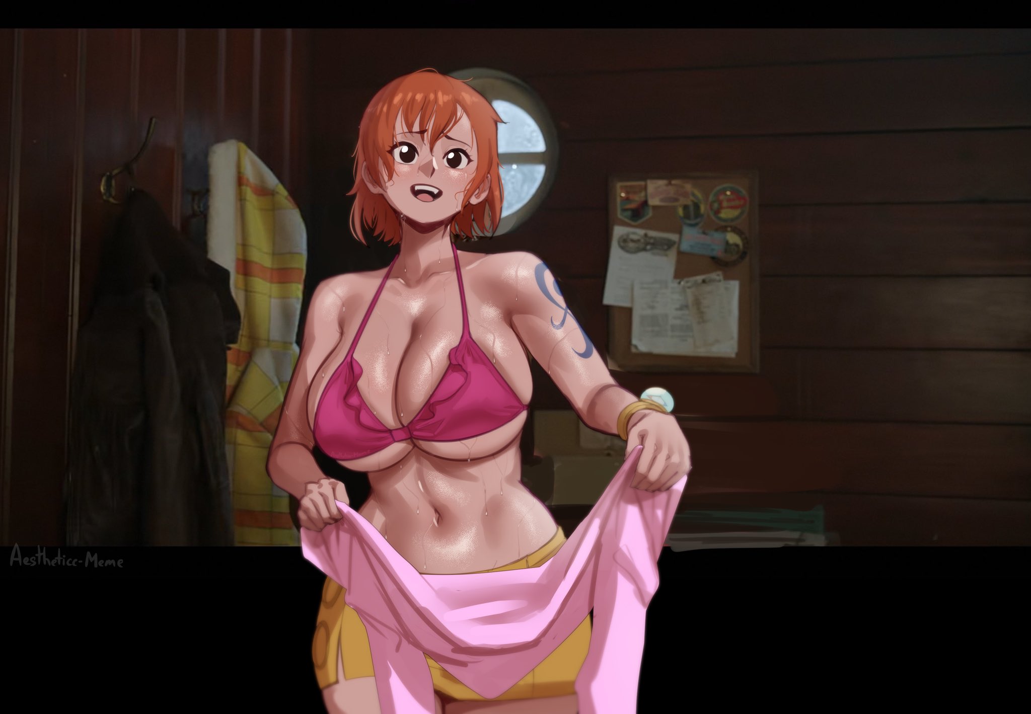 1girls, aestheticc-meme, arm tattoo, bikini top, black eyes, blue tattoo, clothed, clothed female, emily rudd, female only, large breasts, nami (one piece), one piece, one piece (live action), orange hair, orange-haired female, short hair, solo, tattoo, wet, wet body