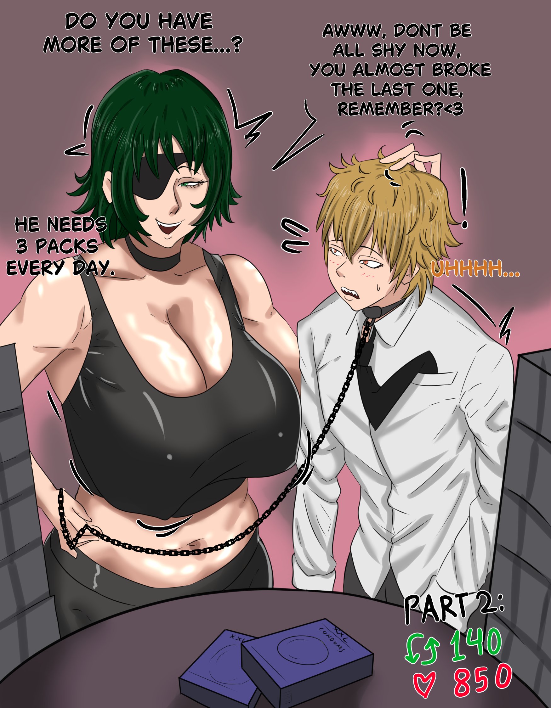 1boy, 1boy1girl, 1girls, ajiasai, big breasts, blonde hair, breasts, buying condoms, chainsaw man, choker, cleavage, clothed, clothed female, clothed male nude female, condom, condom box, condoms, denji (chainsaw man), exposed torso, eyepatch, female, green eyes, green hair, himeno (chainsaw man), huge breasts, large breasts, leash, leash and collar, leashed collar, leashed male, like goal, like icon, male, multiple condoms, older female, older female and younger male, pixie cut, retweet goal, retweet icon, sports bra, younger male