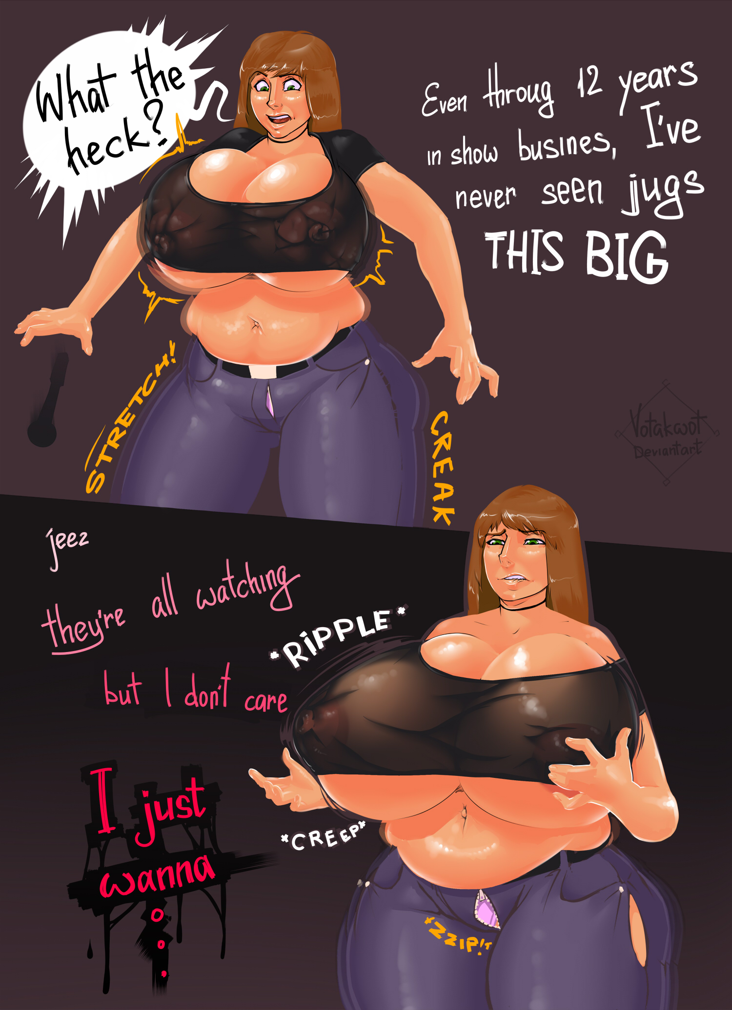 2020, ass expansion, belly expansion, breast expansion, breast growth, breasts bigger than head, brown hair, comic, green eyes, horny, milk plague-city hall incident, nipples, nipples visible through clothing, page 3, ripped pants, sound effects, text, votakwot