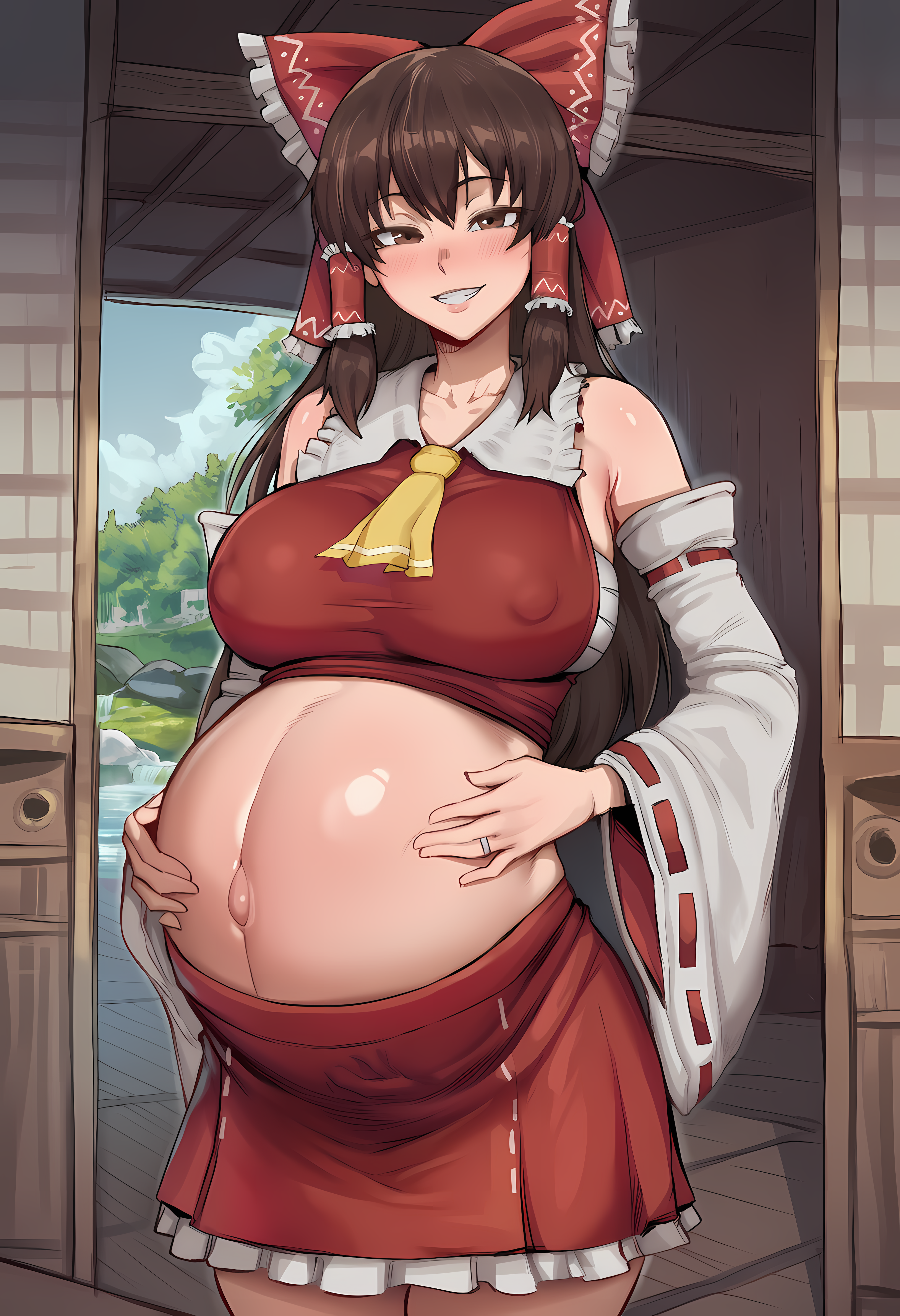 ai generated, ascot, bare shoulders, big belly, blush, bow, breasts, brown eyes, brown hair, collarbone, covered nipples, cowboy shot, crop top, cuckold, detached sleeves, female, frilled bow, frilled hair tubes, frills, grin, hair tubes, hairbow, hand on own stomach, jewelry, large breasts, long hair, looking at viewer, midriff, navel, netorare, nontraditional miko, pregnant, red bow, red shirt, red skirt, reimu hakurei, ribbon trim, ribbon-trimmed sleeves, ring, sarashi, sidelocks, skirt, smile, solo, standing, touhou, wedding ring, wide sleeves, yellow ascot, zeulzin