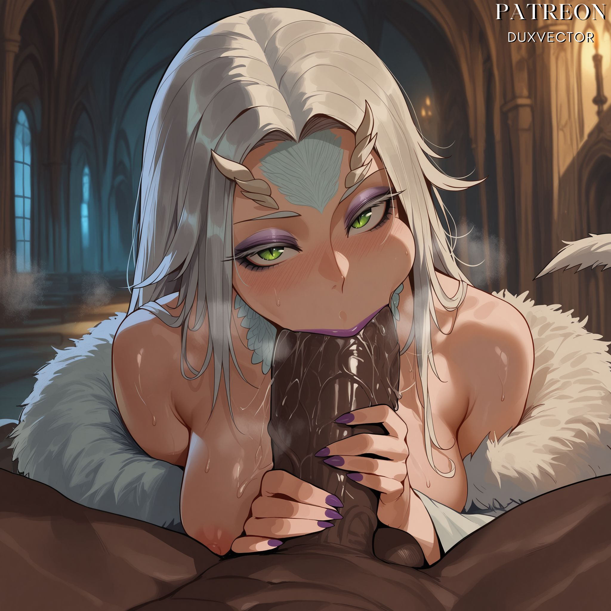 :>=, 1boy, ai generated, bare shoulders, blush, breasts, cheek bulge, clothed female nude male, clothing, crossbreed priscilla, dark penis, dark skin, dark souls, dark-skinned male, dragon girl, dragon horns, dragon tail, duxvector, erection, eyeshadow, fellatio, female, fingernails, fur trim, green eyes, handjob, horns, huge cock, indoors, interracial, large breasts, large penis, large testicles, lipstick, long hair, looking at viewer, makeup, male, monster girl, nipples, nude, oral, penis, penis grab, pov crotch, priscilla the crossbreed, purple eyeshadow, purple lips, purple nails, saliva, slit pupils, solo focus, straight, sweat, tail, testicles, veins, veiny penis, very dark skin, white hair