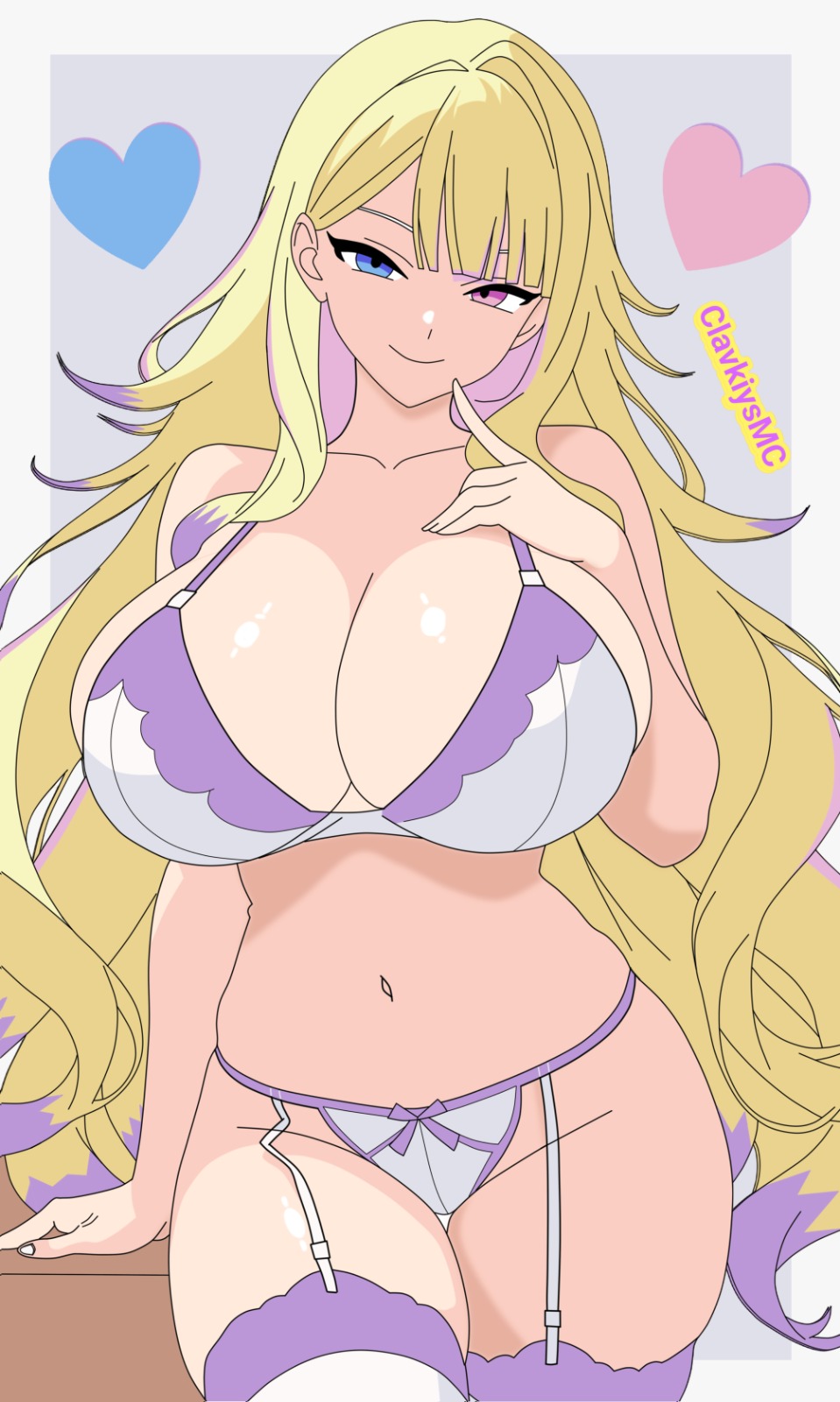 alternate version available, bikini, blonde hair, blue eyes, bra, breasts, clavkiys mc, commission, curvy, diabellze the original sinkeeper, duel monster, elzette diabelleze (sinful spoils), evil smile, female, female only, heart, heterochromia, hi res, huge breasts, konami, large breasts, legwear, light skin, lingerie, long hair, looking at viewer, lustful gaze, multicolored hair, navel, painted nails, panties, pose, purple eyes, purple hair, seductive, seductive smile, sinful spoils (yu-gi-oh!), smile, solo, standing, thighs, underwear, voluptuous, younger female, yu-gi-oh!, yu-gi-oh! master duel
