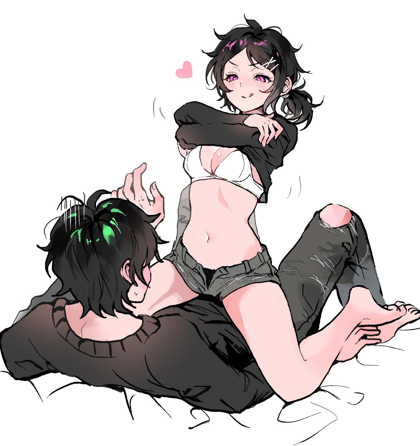 1boy, 1girls, 2d, akngel, andrew graves, ashley graves, barefoot, black hair, blush, bra, breasts, brother and sister, clothed, feet, female, imminent sex, incest, licking lips, lying on back, male, pink eyes, ponytail, siblings, sitting, sitting on lap, sitting on person, spread legs, straddling, straight, taking shirt off, the coffin of andy and leyley, unbuttoned pants, undressing