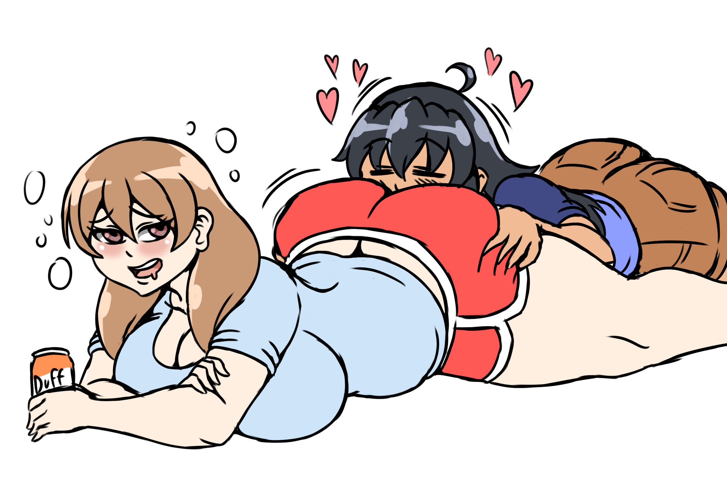 2024, 2girls, ahoge, aiko (brian12), ass cleavage, ass grab, ass worship, baby blue clothing, beer, beer can, black hair, blue shirt, booty shorts, breasts on floor, brian12, brown eyes, brown hair, cargo shorts, chubby, cleavage, closed eyes, dolphin shorts, drooling, drunk, face in ass, grabbing ass, huge ass, huge breasts, intoxicated, laying down, light blue clothing, on stomach, plump, prone, red shorts, shirt, short sleeved shirt, short sleeves, shorts, stephy tigre, white background, yuri, zagorudan