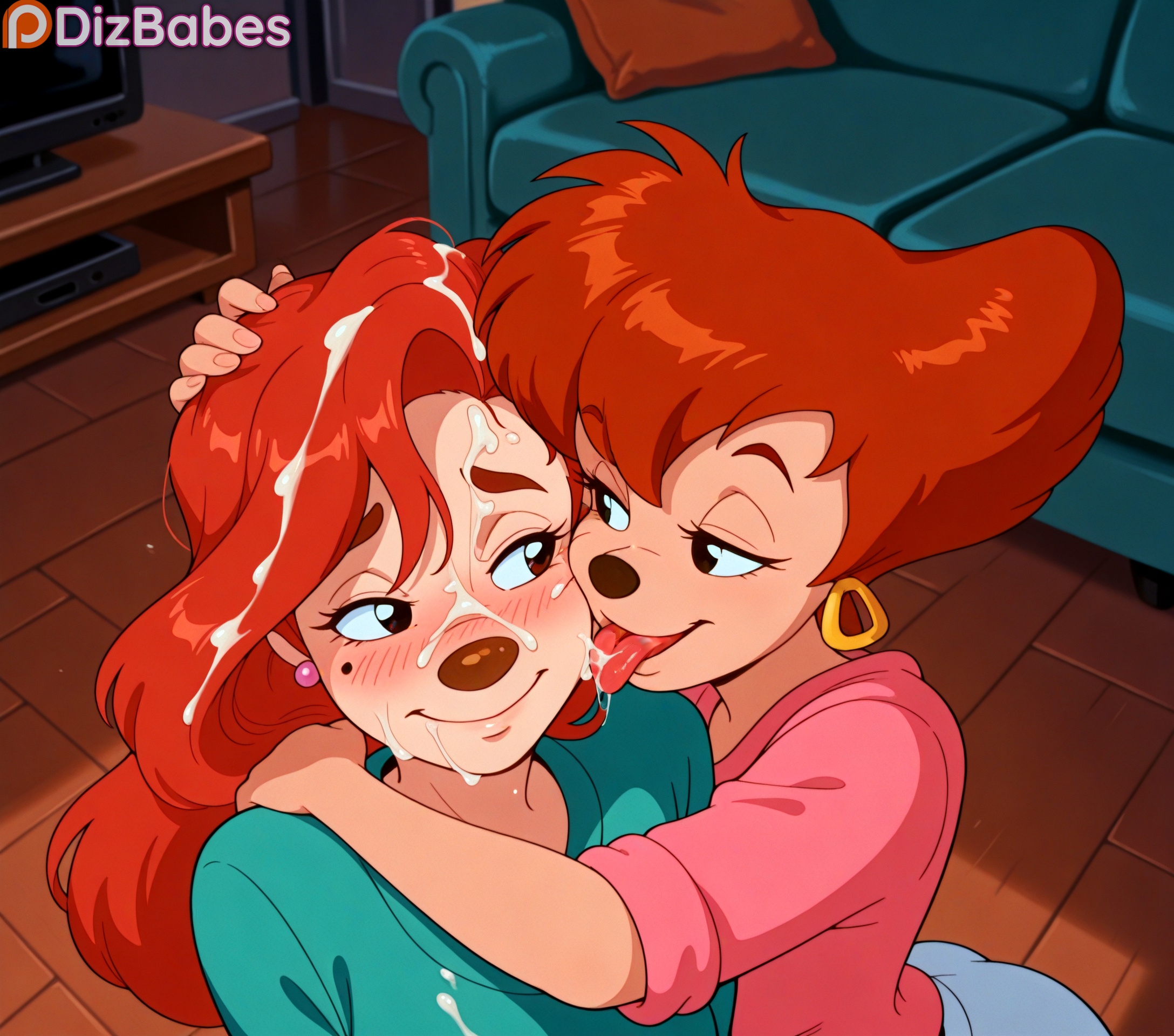 2girls, after oral, age difference, ai generated, anthro, anthro female, assisted sex, black eyes, blush, canine, cartoon, clothed female nude male, cum, cum in mouth, cum on chin, cum on clothes, cum on clothing, cum on face, cum on forehead, cum on hair, cum on shirt, cum on tongue, cumshot, disney, dizbabes, earrings, eating cum, encouragement, facial, female, ffm threesome, goof troop, hand on another's head, hand on another's shoulder, hoop earrings, kneeling, licking, licking cheek, licking cum, looking at another, mature female, milf, mole, mole under eye, multiple girls, nervous, nervous smile, orange hair, parted lips, peg pete, pov, roxanne (goof troop), shy, smile, stable diffusion, threesome, tongue out, western cartoon, yuri