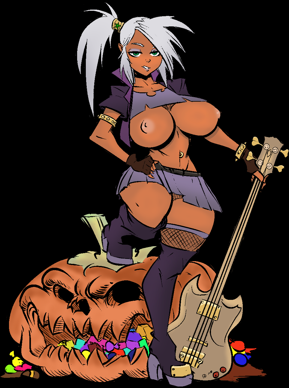 1girls bass_guitar clumzor dark_skin fishnets jack-o'-lantern light_areolae pumpkin punk sairia_runewind_(wsairia) thighhighs topless white_hair