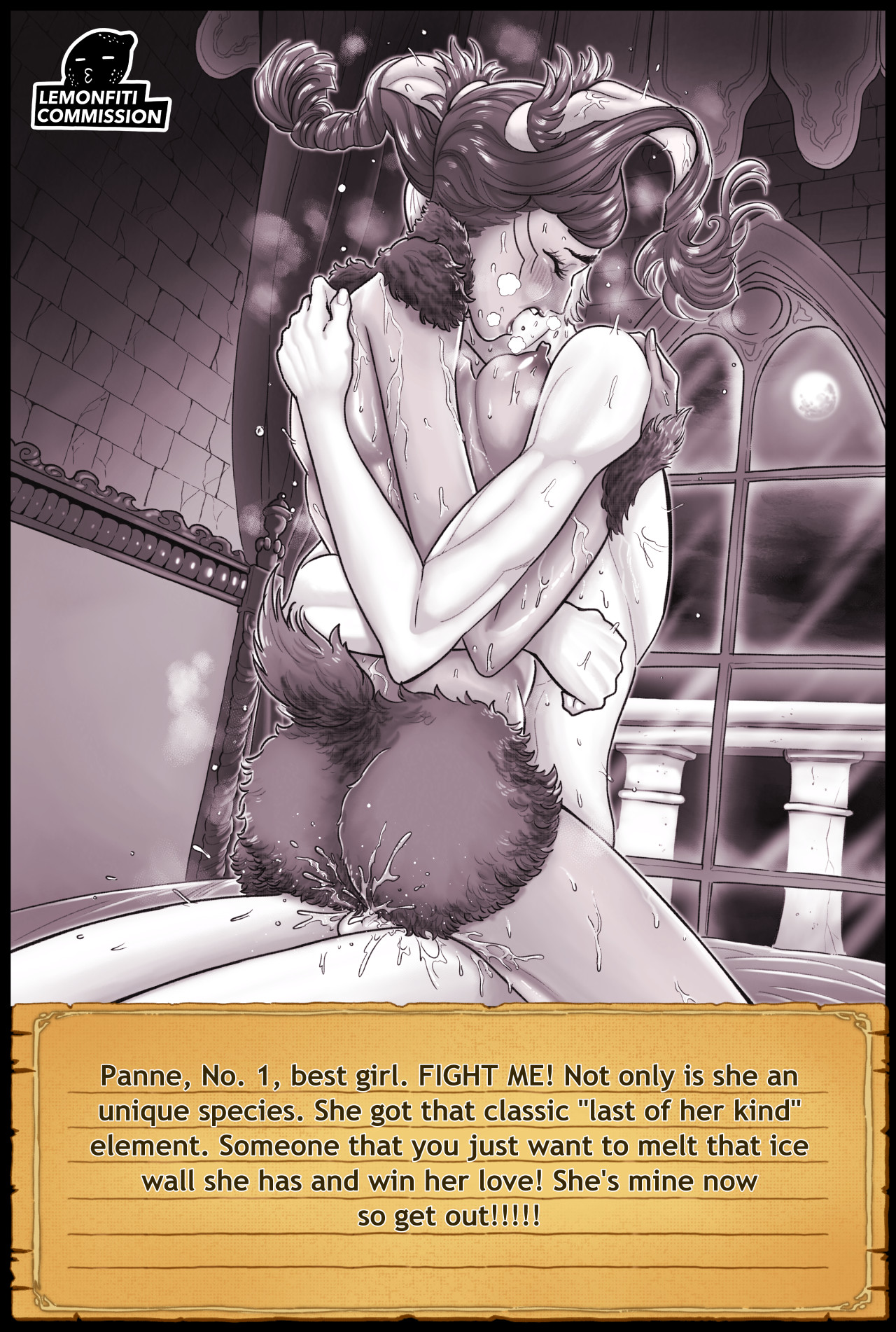 1boy, 1girls, animal ears, breasts, bunny girl, english text, female, fire emblem, fire emblem awakening, human, humanoid, interspecies, lemonfiti, male, male human/female humanoid, nintendo, nipples, nude, nude female, panne (fire emblem), robin (fire emblem), robin (fire emblem) (male), taguel, text