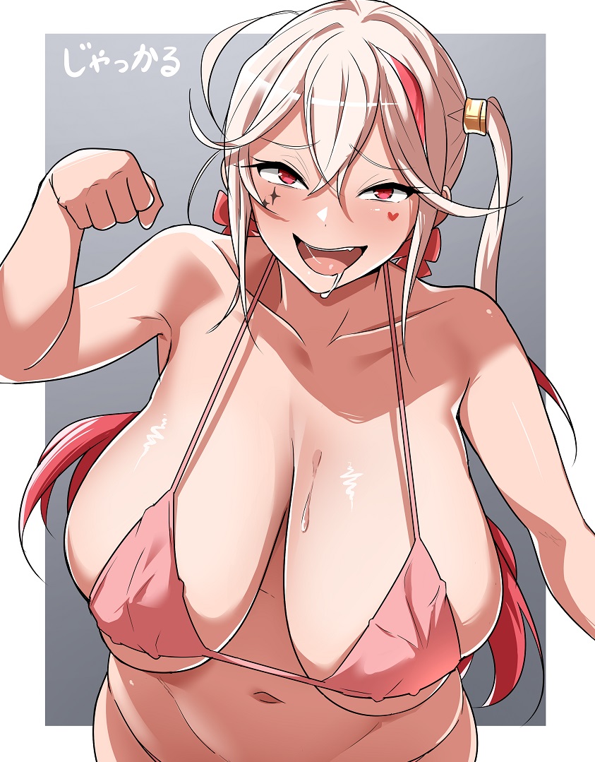 1girls ahoge arm_up blonde_hair blush bra breasts drool drooling exposed_shoulders female female_only goddess_of_victory:_nikke huge_breasts jackal_(nikke) light-skinned_female light_skin looking_at_viewer monorisu open_mouth pink_bra pink_eyes pink_highlights side_ponytail solo tongue underwear