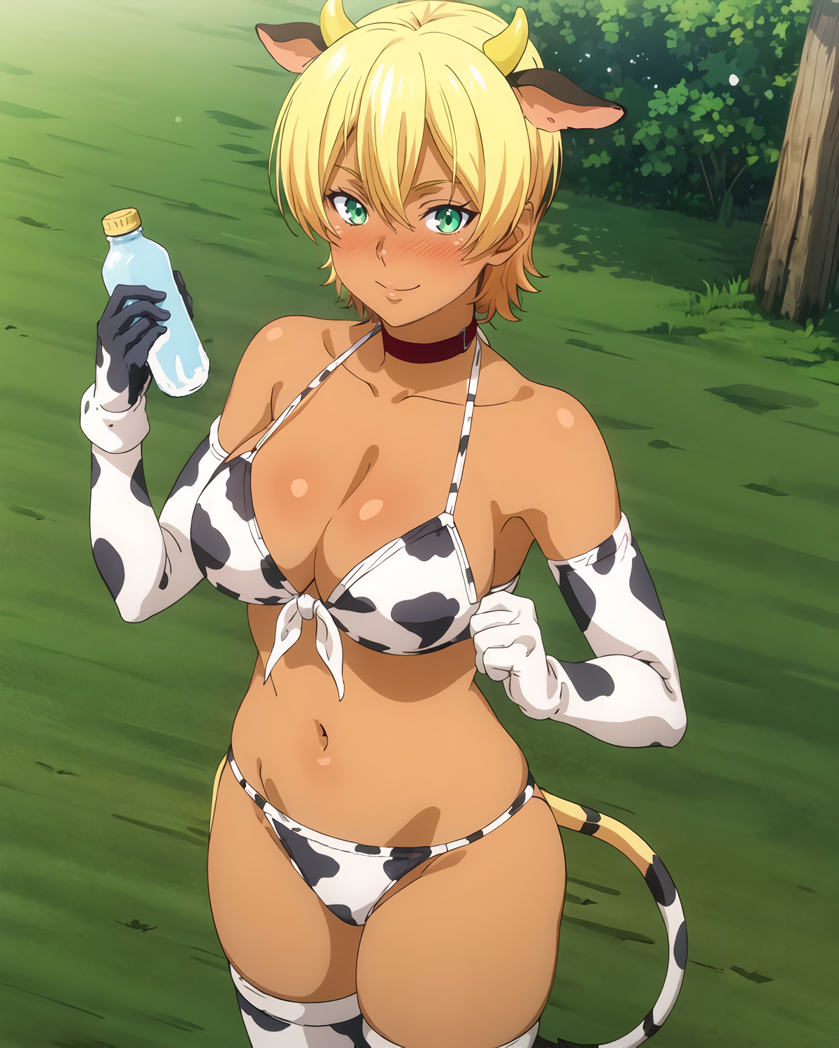 1girls, ai generated, big breasts, bikini, blonde hair, bottle, breasts, busty, cleavage, cow ears, cow print, cow print bikini, cow tail, dark skin, dark-skinned female, female, green eyes, large breasts, legs, looking at viewer, mito ikumi, navel, shokugeki no souma, short hair, smile, thighs, voluptuous