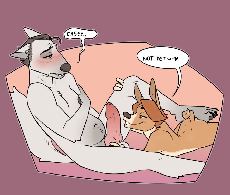 anthro ass balls bedroom_eyes blush blush_lines brown_body brown_fur brown_hair cadaverrdog canid canine canis casey_valentine curled_tail dialogue domestic_dog duo english_text erection fur genitals grey_body grey_fur grey_hair grey_pawpads hair half-closed_eyes howie_(cadaverrdog) humanoid_genitalia humanoid_penis knot looking_pleasured lying male male/male mammal middle_aged narrowed_eyes on_back on_front orgasm_denial pawpads paws penis pink_penis potbelly seductive simple_background smile smirk smug smug_face smug_grin speech_bubble spread_legs spreading tail tan_body tan_fur text