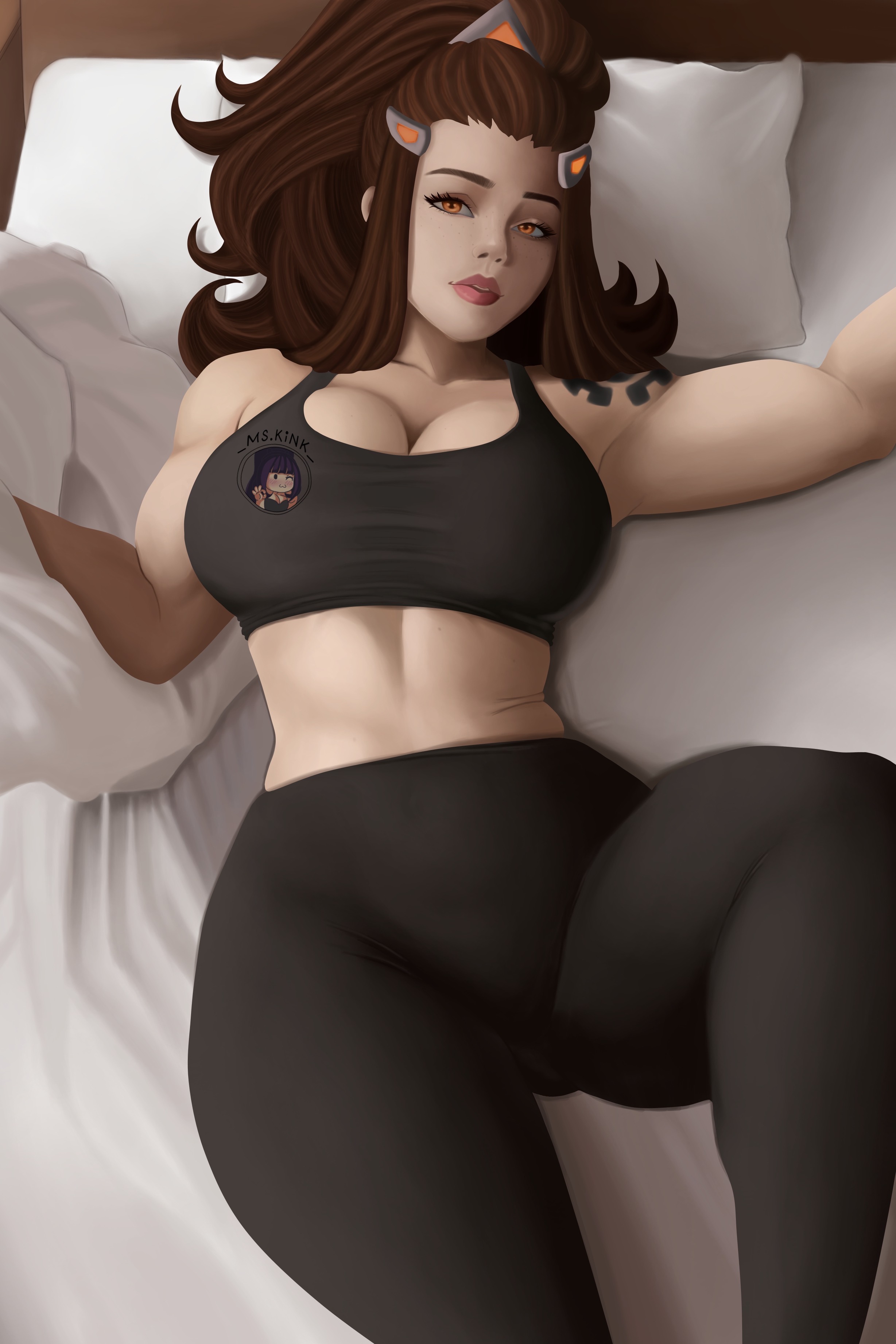 big breasts, breasts, brigitte, brigitte lindholm, brown hair, digital media (artwork), female, female only, hazel eyes, leggings, mskink, muscular, muscular female, overwatch, overwatch 2, sports bra, video games
