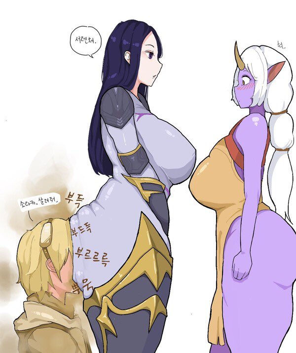 1boy 2girls big_ass big_breasts big_butt blush bodysuit ezreal face_in_ass fart fart_cloud fart_fetish farting farting_in_face horn kai'sa league_of_legends pointy_ears purple_bodysuit purple_eyes purple_hair purple_skin somang soraka standing text text_bubble thick_thighs white_hair