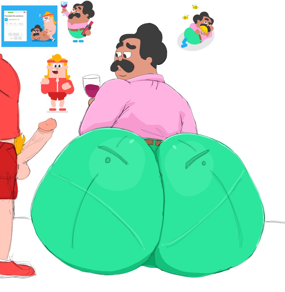 2boys animehikaridesu ass_focus bhm big_ass big_butt black_hair blonde_hair dilf duolingo eddy_(duolingo) erect_penis erection gay huge_ass huge_butt icon looking_at_penis male_only moustache oscar_(duolingo) pantylines pubes pubic_hair sex superchub tight_pants wine wine_glass