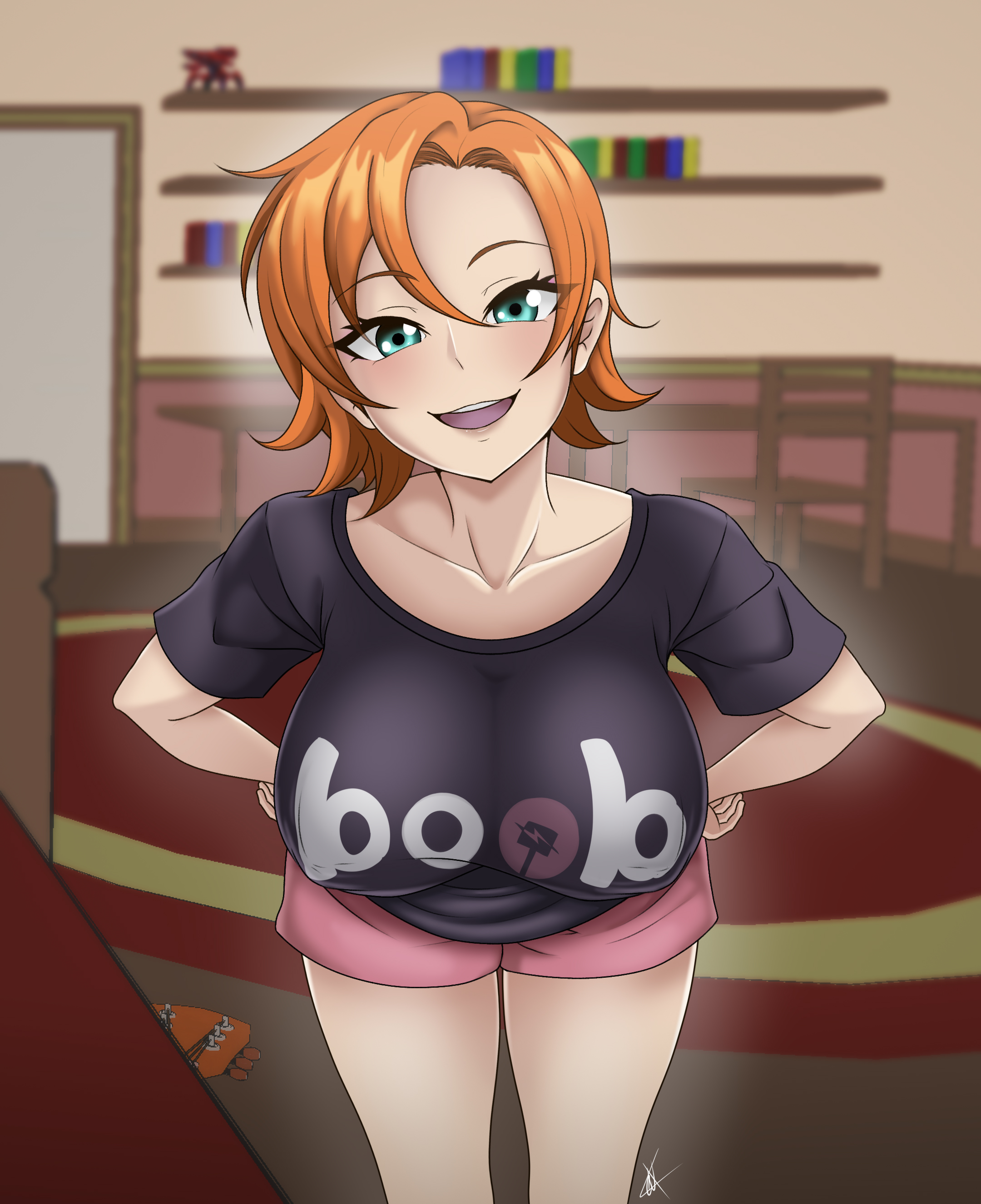 1girls, aqua eyes, blue eyes, blush, female, female only, leux 21, looking at viewer, nora valkyrie, orange hair, pink shorts, pov, rwby, shiny hair, shiny skin, smile, solo, solo female, tagme