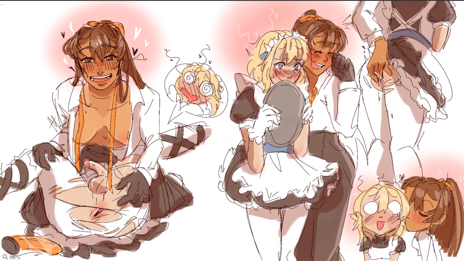 1boy, 1girls, after anal, after sex, anal fingering, anal insertion, anus, ass, atlasastro, balls, blush, blushing profusely, breasts, bridget, closed eyes, clothed sex, dildo, female, femboy, feminine male, fingering from behind, fingering partner, guilty gear, guilty gear strive, hairband, happy sex, heart, heart-shaped pupils, kissing cheek, maid uniform, male, male/female, may (guilty gear), nipples, nose piercing, overstimulation, penis, ponytail, smile, spread anus, stealth sex, straight, submissive male