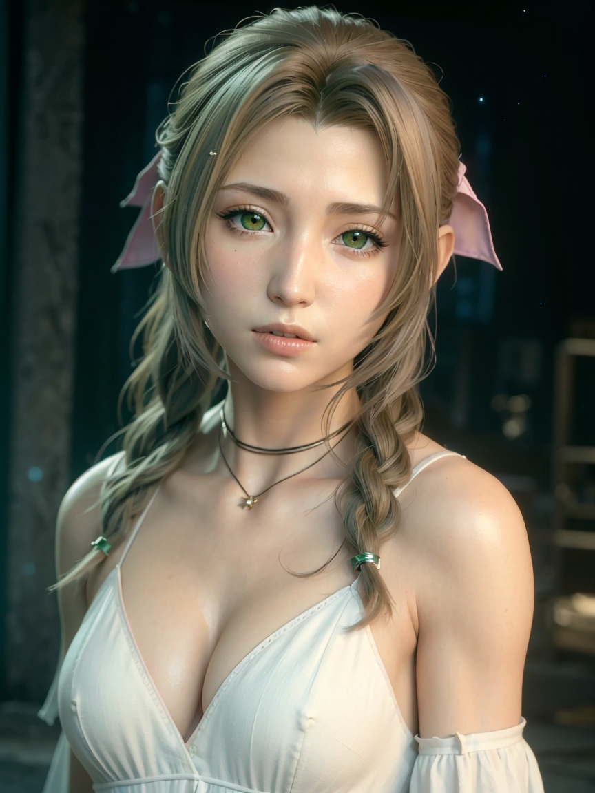 aerith_gainsborough ai_generated boylurker brown_hair cleavage final_fantasy final_fantasy_vii final_fantasy_vii_remake green_eyes looking_at_viewer neolurker