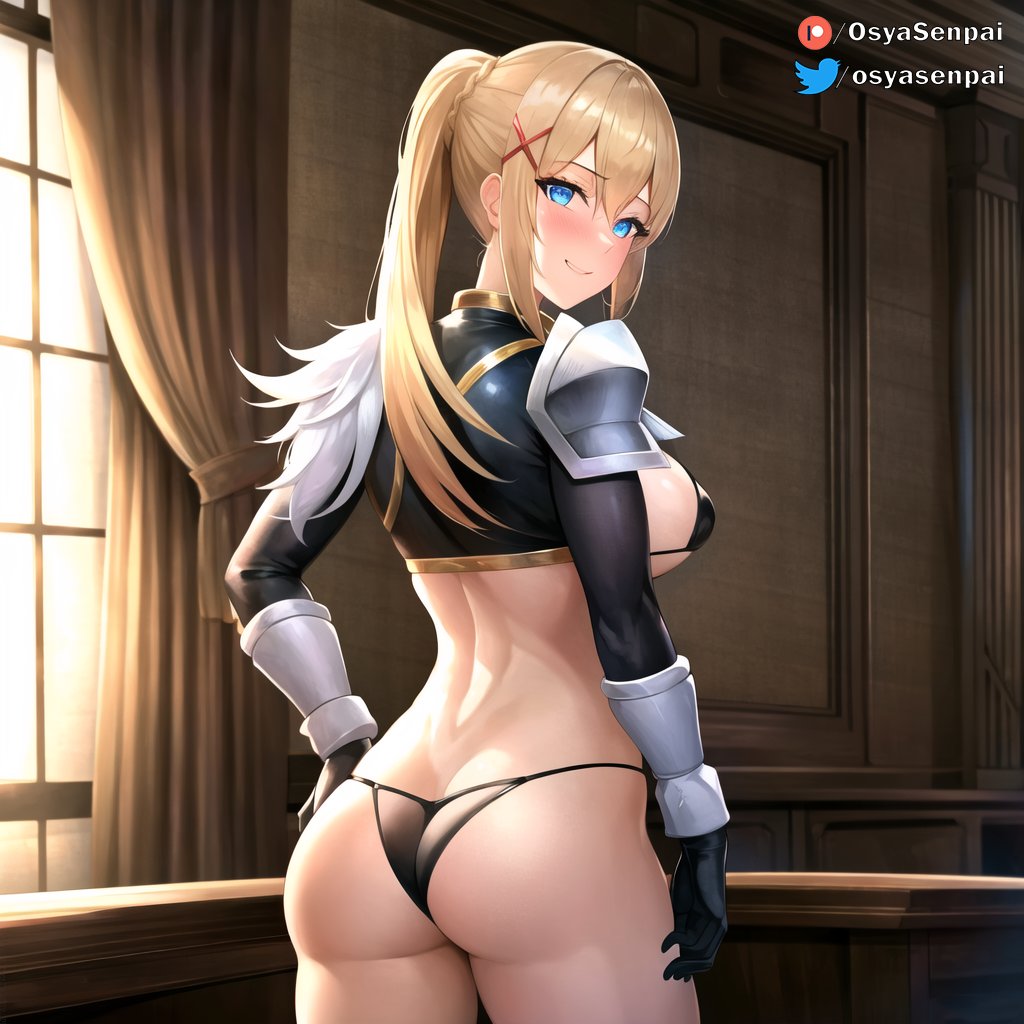 1girls, ai generated, ass, bangs, big ass, big breasts, black panties, black underwear, blonde hair, blue eyes, breasts, darkness (konosuba), female, female only, indoors, kono subarashii sekai ni shukufuku wo!, looking at viewer, looking back, osyasenpai, panties, ponytail, solo, solo female, stable diffusion, underwear