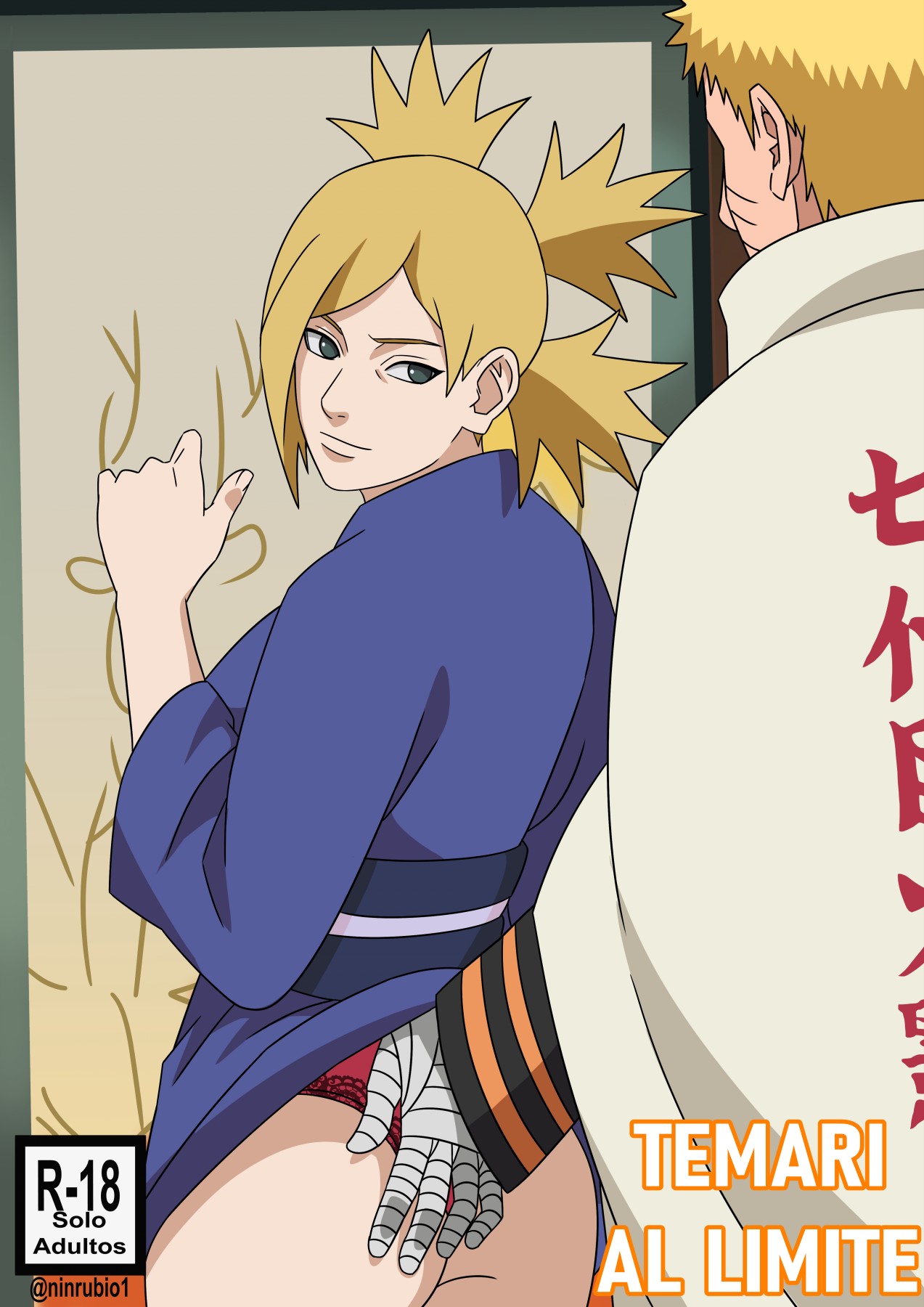 1boy, 1girls, against wall, ass, ass grab, before sex, big ass, big breasts, boruto: naruto next generations, breasts, cape, clothing, comic, comic cover, female, from behind, g-string, jacket, kimono, kimono lift, long hair, looking at another, looking at partner, looking back, male, male/female, milf, naruto, naruto (series), ninrubio, panties, short hair, spanish text, standing, stealth ass grab, temari, text, thong, touching ass, underwear, uzumaki naruto, voluptuous, walking