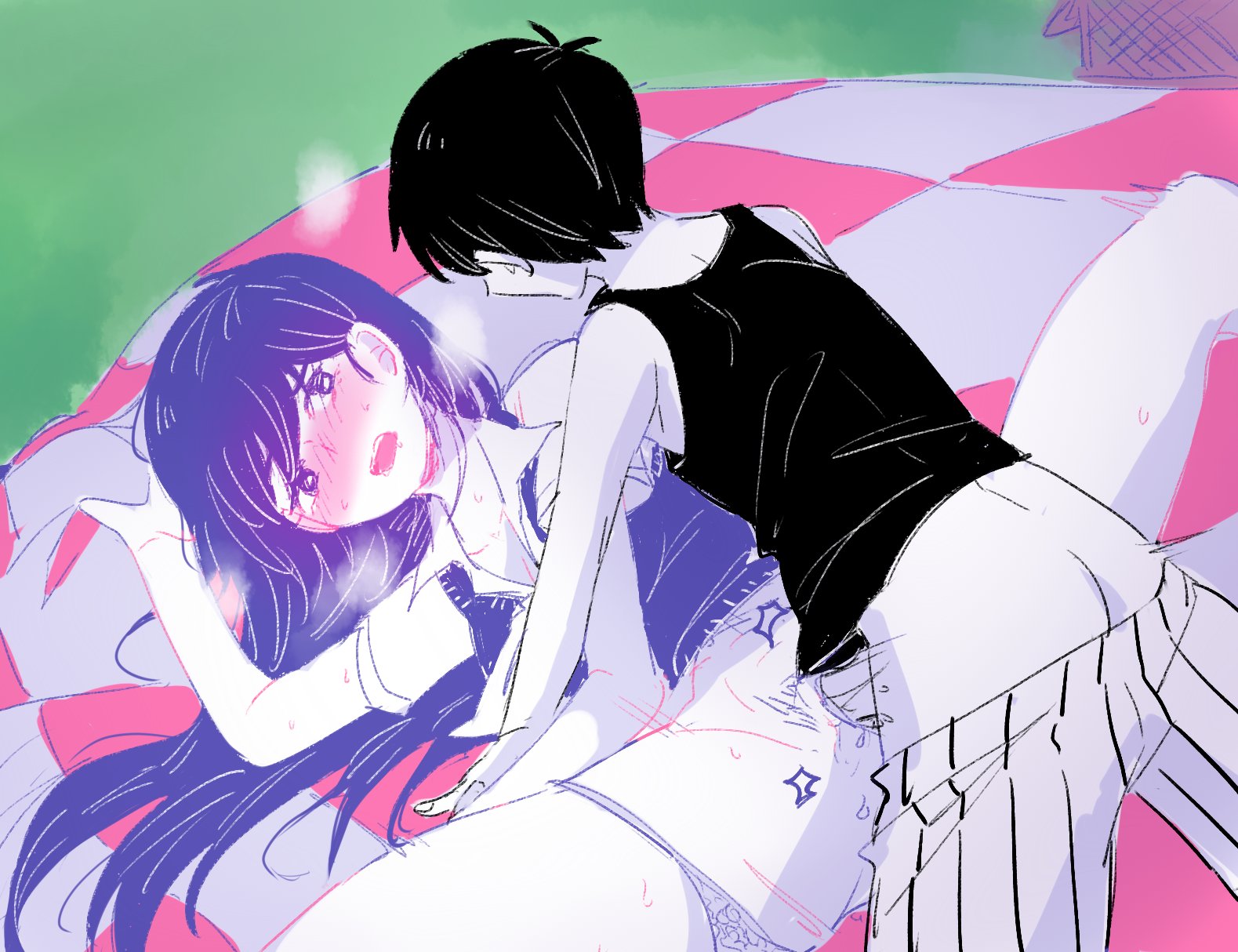 1boy, 1girls, artist request, black hair, brother, brother and sister, female, incest, long hair, male, mari (omori), older sister, omori, omori (character), purple hair, pussy, sex, short hair, siblings, teenage female, vaginal penetration, vaginal sex, younger brother, younger male
