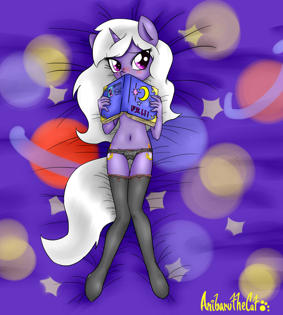 2014 anibaruthecat anthro blush book clothing cutie_mark equine female hair horn legwear lying my_little_pony on_back original_character panties pussy smooth_skin solo stockings underwear unicorn young