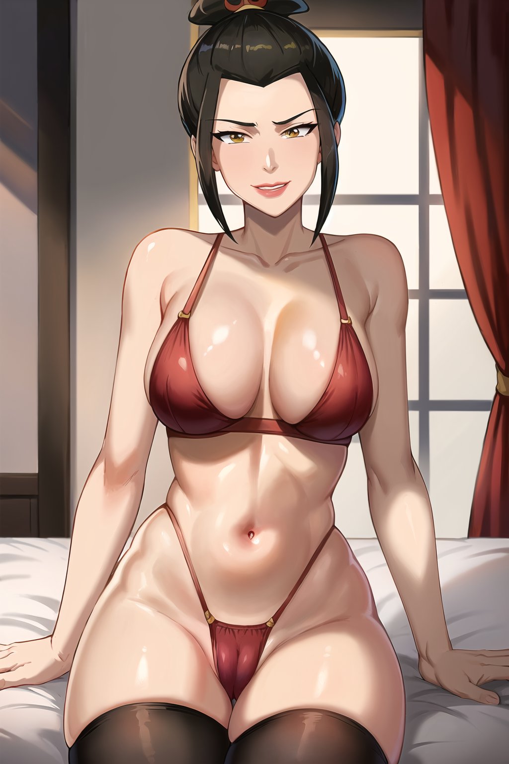 1girls ai_generated avatar_legends avatar_the_last_airbender azula bangs big_breasts breasts dark_hair female female_only fire_nation looking_at_viewer osyasenpai red_underwear solo solo_female stable_diffusion underwear underwear_only yellow_eyes