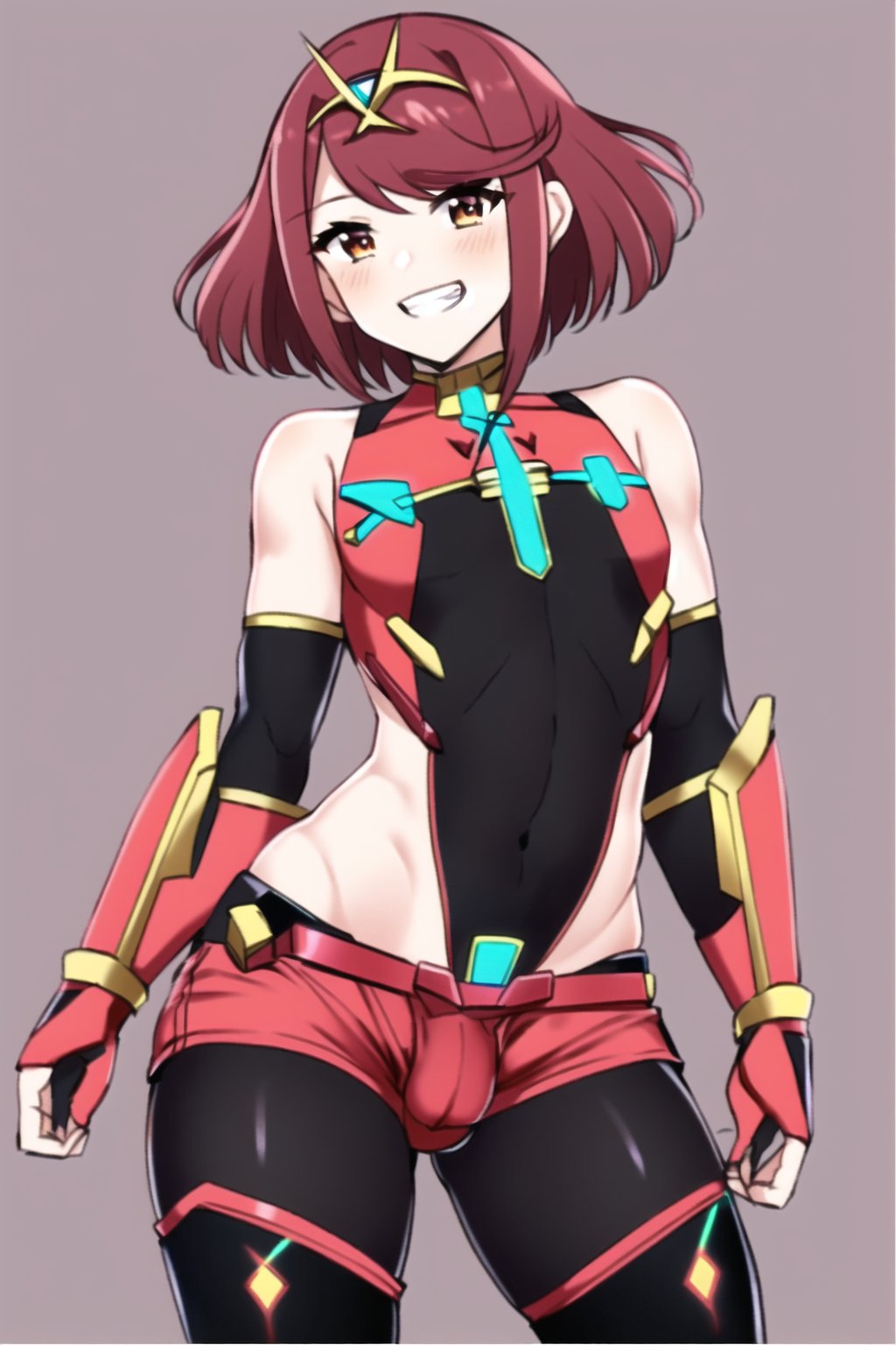 1boy ai_generated androgynous armwear bodysuit core_crystal femboy feminine_male gauntlets genderswap_(ftm) girly grin hair_ornament hip_vent otoko_no_ko pantyhose penis pyra red_shorts robofun rule_63 shorts side_cutout sissy sleeveless smug stable_diffusion tiara trap twink xenoblade_(series) xenoblade_chronicles_2