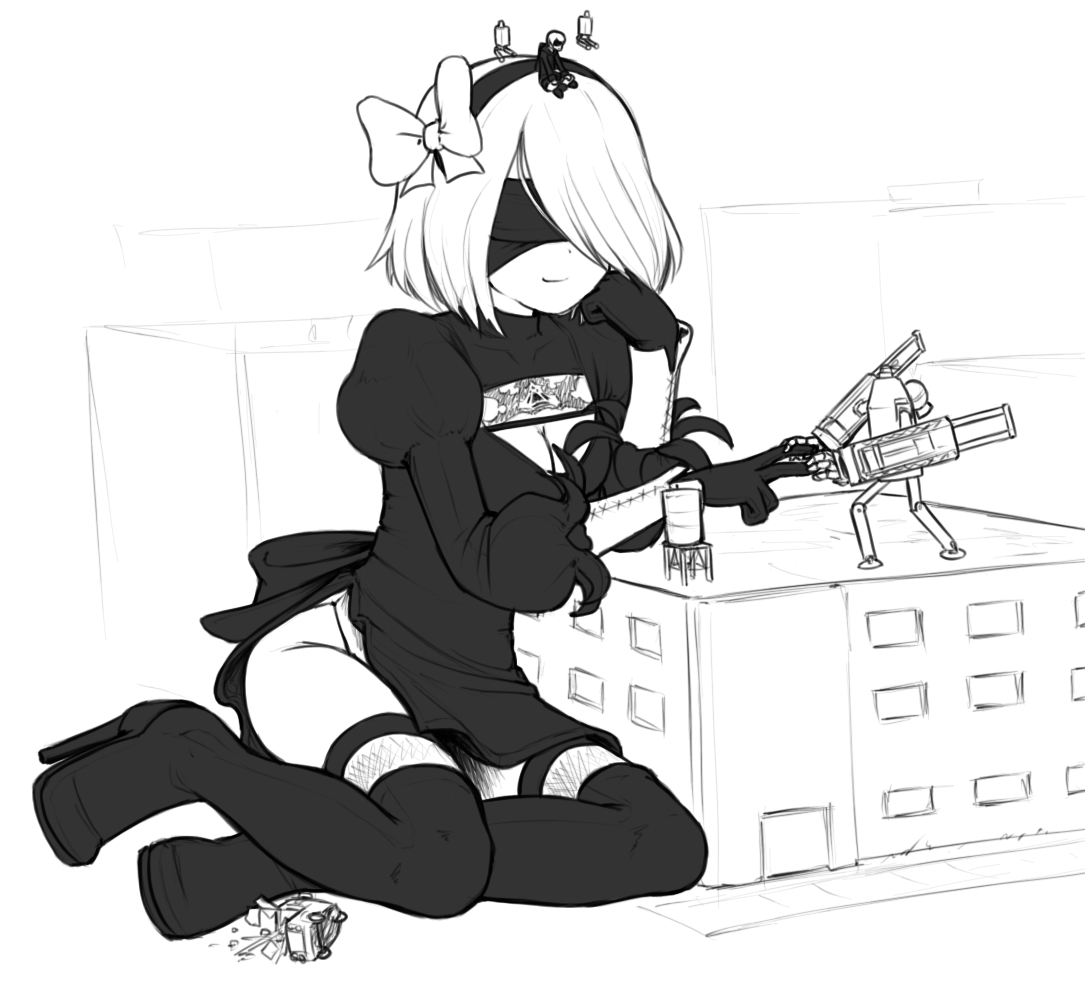 1boy, 1girls, alloyrabbit, blindfold, breasts, cute, female, giantess, hairband, light skin, light-skinned female, light-skinned male, macro, male, nier, nier: automata, short hair, size difference, thighhighs, white hair, yorha 2b, yorha 9s