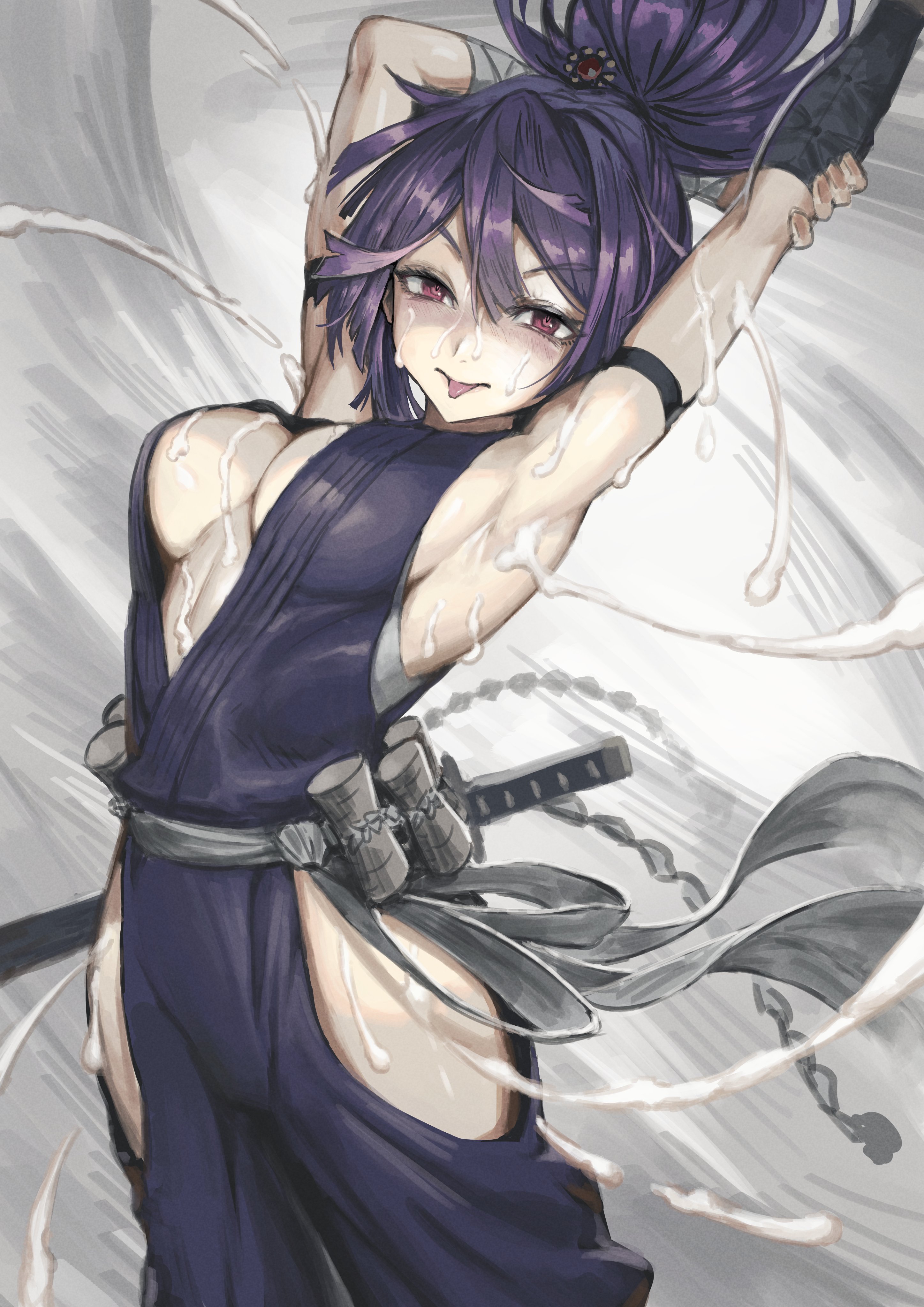 1girls, 2023, 2d, 2d (artwork), armpits, arms behind head, arms up, big breasts, bodily fluids, breasts, cleavage, clothed, clothed female, female, female only, fluids, human, human only, jigokuraku, kunoichi, light skin, light-skinned female, looking at viewer, magenta eyes, nekoemonn, ninja, powers, purple hair, red eyes, sideboob, slim, solo, solo female, sword, tongue, tongue out, weapon, wet, yuzuriha (jigokuraku)