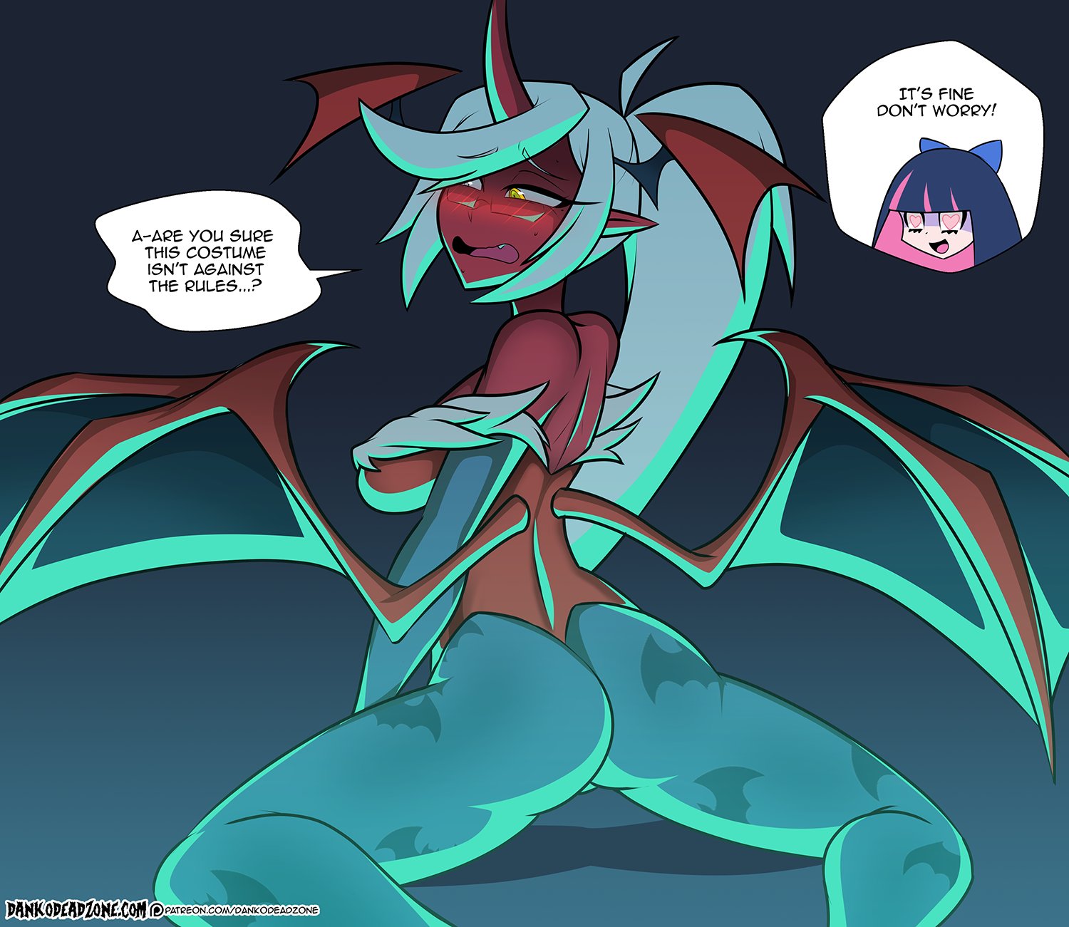 2021, 2girls, ass, bat print, blue pantyhose, blush, breasts, capcom, clothing, cosplay, crossover, crossover cosplay, dankodeadzone, darkstalkers, demon, demon girl, demon horns, demon wings, dialogue, embarrassed, english text, female, female only, glasses, head wings, heart-shaped pupils, hi res, horn, kneesocks daemon, leotard, lilith aensland (cosplay), long hair, looking away, medium breasts, panty & stocking with garterbelt, pantyhose, pointy ears, ponytail, red skin, speech bubble, stocking anarchy, white hair, wings, yellow eyes