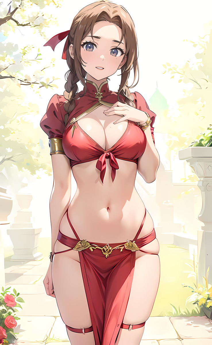 aerith_gainsborough ai_generated breasts brown_hair cleavage final_fantasy final_fantasy_vii final_fantasy_vii_remake hourglass_figure kyonkanie