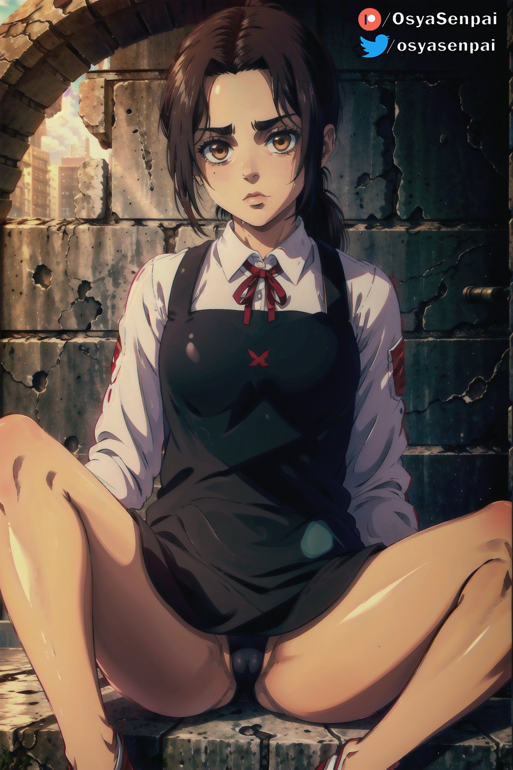 1girls, ai generated, attack on titan, black panties, breasts, brown eyes, brown hair, female, female only, gabi braun, indoors, looking at viewer, osyasenpai, panties, small breasts, solo, solo female, spread legs, stable diffusion, underwear