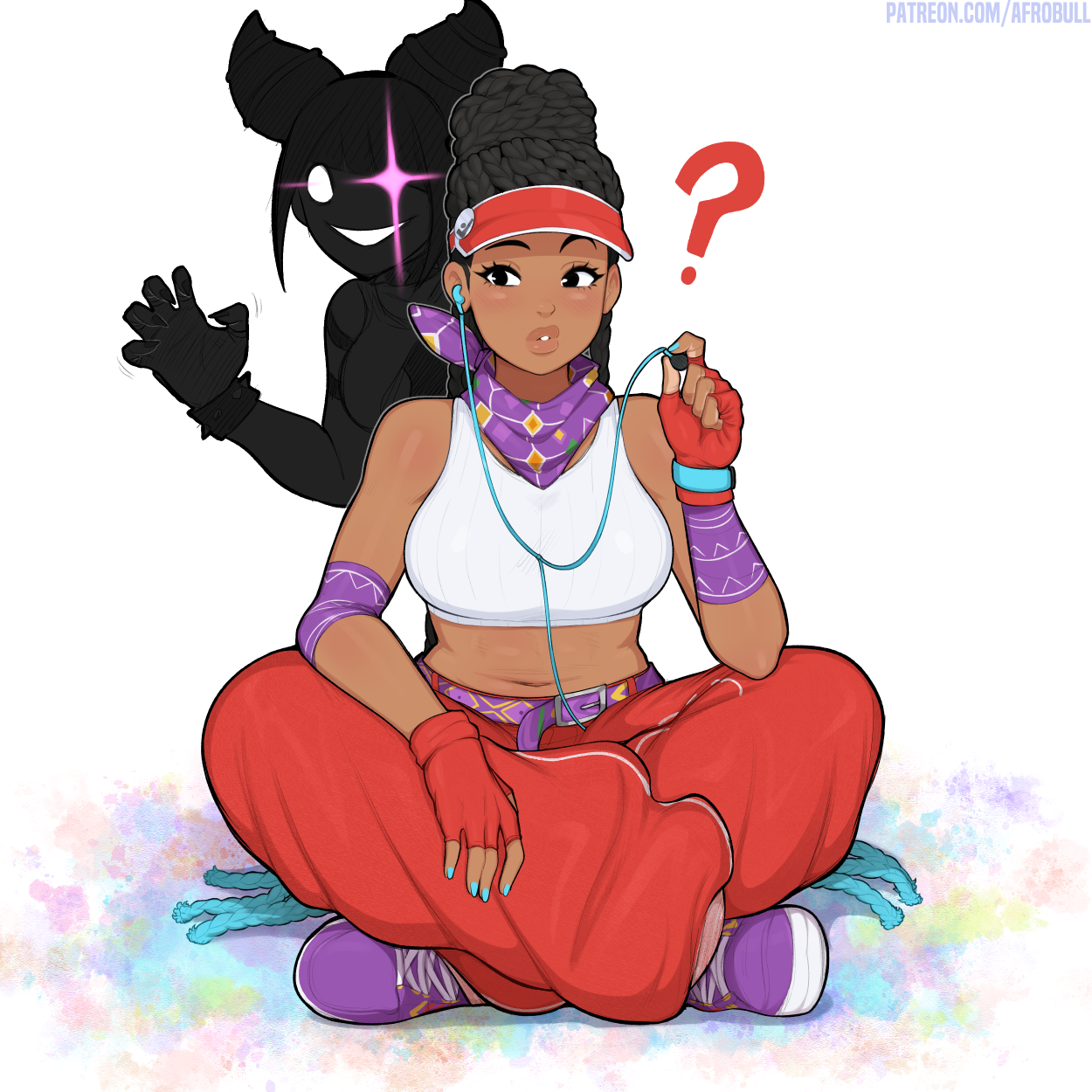1futa, 1girls, afrobull, asian, asian futa, baggy pants, black eyes, black hair, blue hair, braid, braided hair, breasts, capcom, chocolate and vanilla, clothed, clothing, confused, cute, dark skin, dark-skinned female, duo, evil grin, female, fingerless gloves, fingernails, fully clothed, futanari, glowing eyes, human, imminent rape, imminent sex, implied futa, intersex, juri han, kimberly jackson, korean, korean female, listening to music, pussy, shoes, sitting, street fighter, street fighter 6, surprise, tagme, visor cap, watch, white background