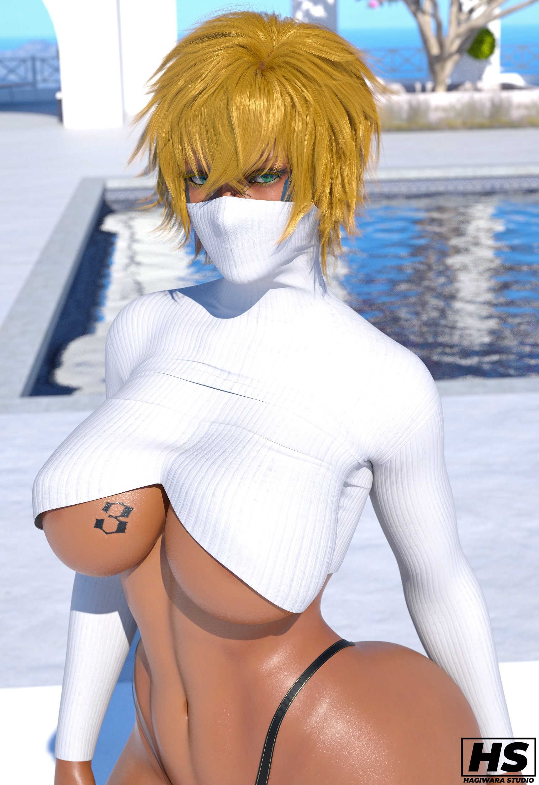 1girls, 3d, ass, big ass, big breasts, bleach, blonde hair, blue eyes, breasts, crop top, cropped shirt, dark skin, dark-skinned female, female, female only, hagiwara studio, hair between eyes, highres, large breasts, looking at viewer, midriff, navel, solo, tattoo, tattoo on breast, thick thighs, thong, tia harribel, underboob