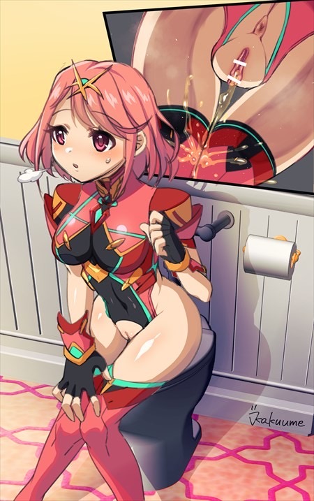 close-up kakuume peeing pink_hair pussy pyra sitting sitting_on_toilet smiling toilet toilet_paper urinating urinating_female urination urine urine_stream xenoblade_(series) xenoblade_chronicles_2