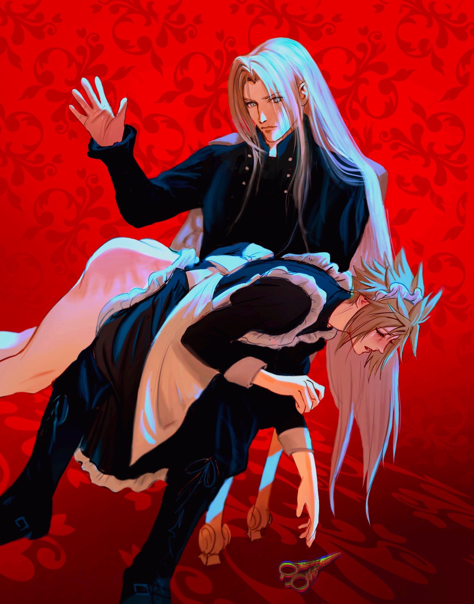 2boys, bent over, black clothing, blonde hair, bottomless, chair, chocobowings, cloud strife, color, crossdressing, crying, dominant male, dress, dress lift, duo, femboy, final fantasy, final fantasy vii, full body, fully clothed, gay, green eyes, humiliation, light skin, light-skinned male, long hair, maid, maid headdress, maid uniform, male, male only, male/male, on chair, over the knee spanking, punishment, raised arm, red background, sephiroth, silver hair, smooth skin, spank marks, spanked butt, spanking, spiky hair, square enix, submissive, submissive male, tagme, villain, yaoi