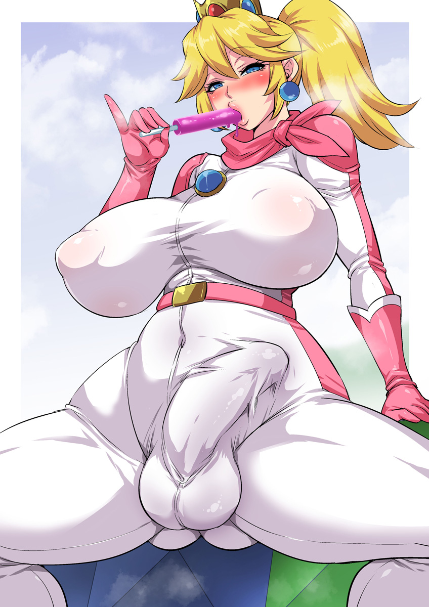 1futa, alternate version available, ass visible through thighs, balls, big breasts, big penis, blonde hair, blue eyes, blush, breasts, bulge, clothed, clothing, crown, ear piercing, earrings, erect nipples, erect nipples under clothes, erect penis, erection, erection under clothes, female, fully clothed, futa only, futanari, hair, headwear, huge breasts, human, intersex, jumpsuit, legs spread, light skin, light-skinned female, light-skinned futa, lips, mario (series), musashino sekai, nintendo, nipple bulge, nipples, nipples visible through clothing, pale skin, pale-skinned female, penis, ponytail, popsicle, princess peach, solo, solo futa, steam, steaming body, super mario bros. (2023 film), thick lips
