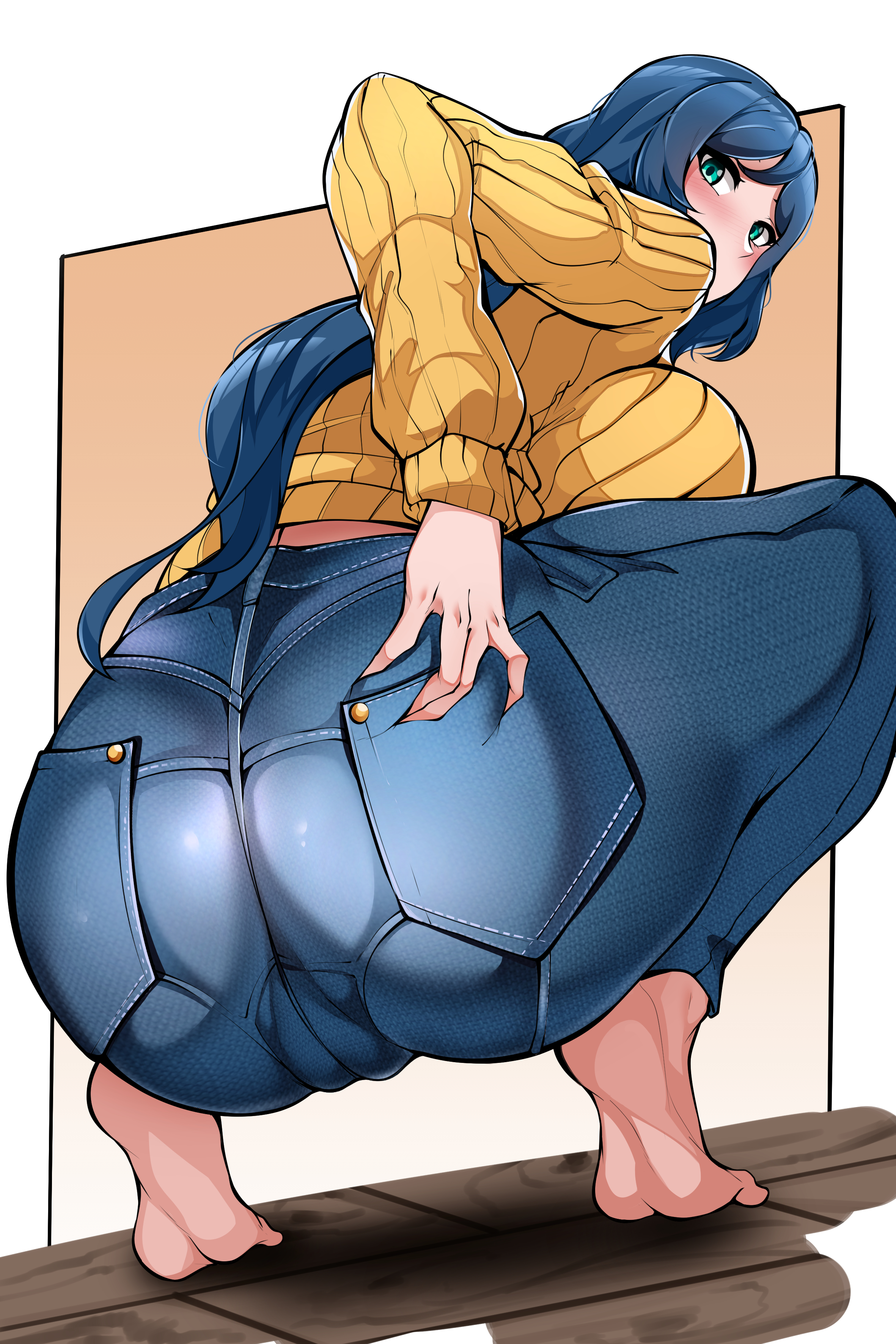 1girls, ass, blue hair, breasts, female, green eyes, gundam, gundam build fighters, hi res, huge ass, huge breasts, iori rinko, jeans, large breasts, long hair, long ponytail, mature female, milf, owner (artist), ponytail, squatting, thick thighs, thighs