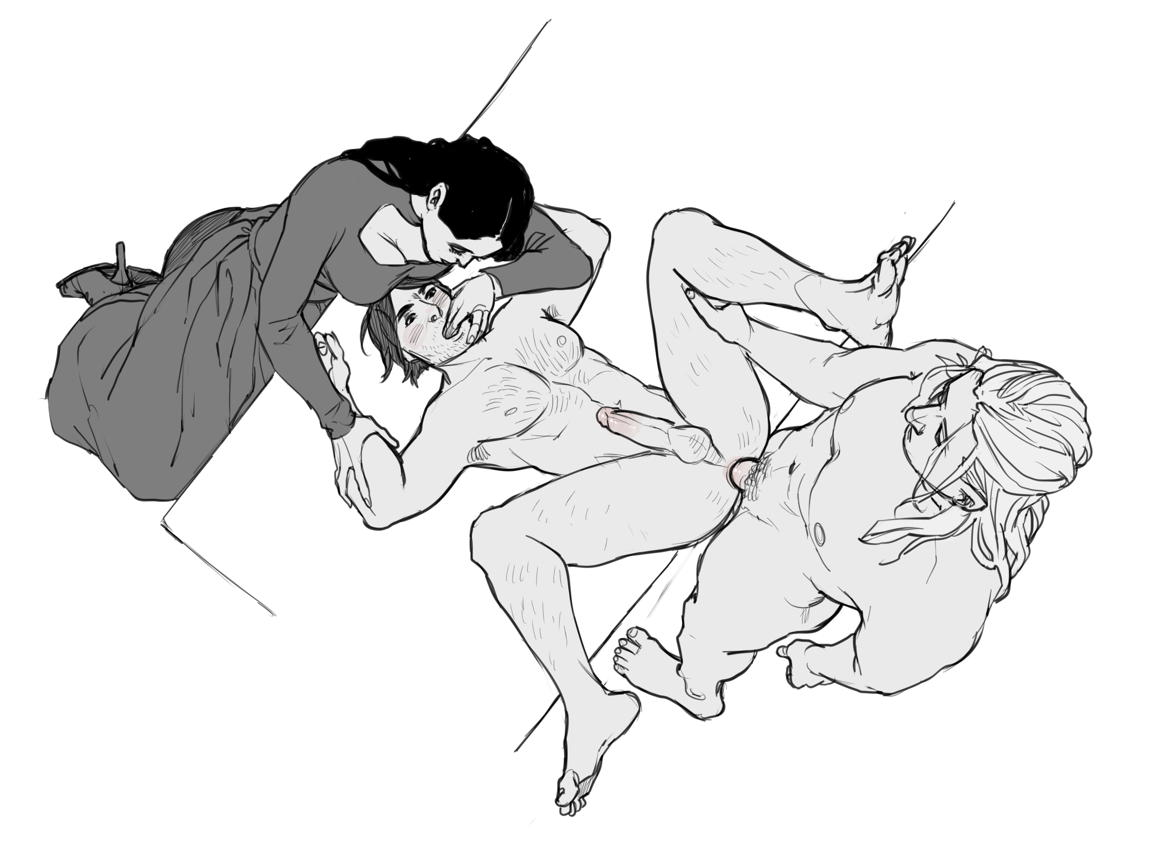 big breasts, bisexual, bisexual male, blush, body hair, breasts, cleavage, clothed female nude male, female, female supporting yaoi, finger to mouth, geralt of rivia, jaskier (the witcher), kaciart, male, penis, the witcher (series), threesome, yennefer