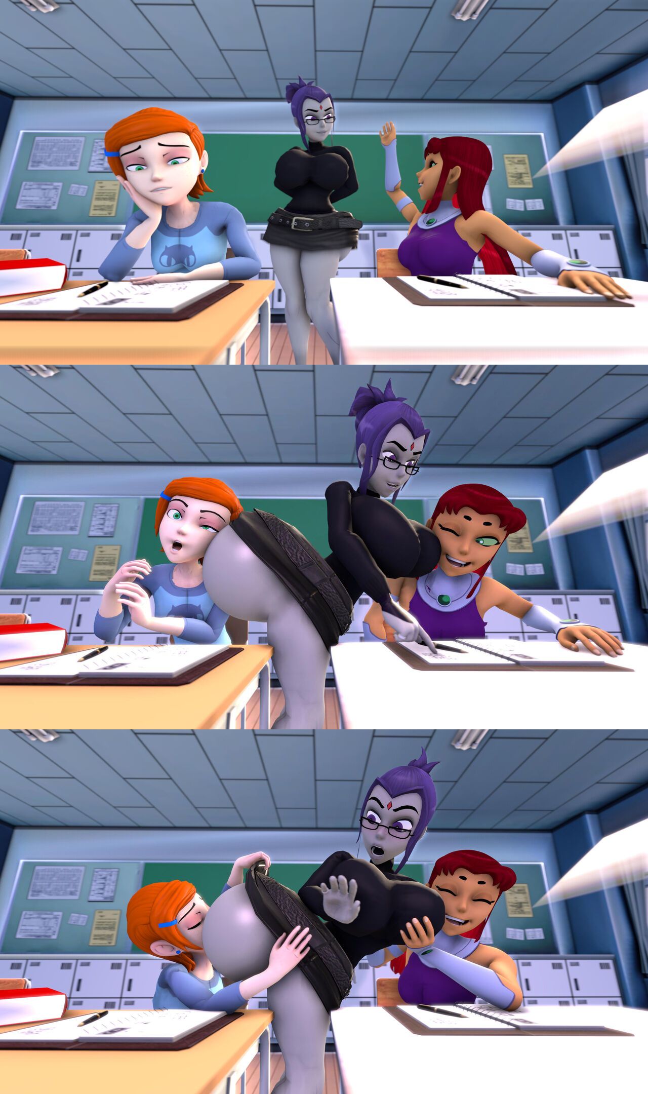 3girls ass ass_bigger_than_head ass_focus ben_10 breasts crossover dc dc_comics female female_only grabbing_breasts gwen_tennyson huge_ass huge_breasts inflated_ass inflation lesbian lesbians multiple_girls raven_(dc) rimjob school shocking_(artist) starfire teacher teacher_and_student teen_titans yuri