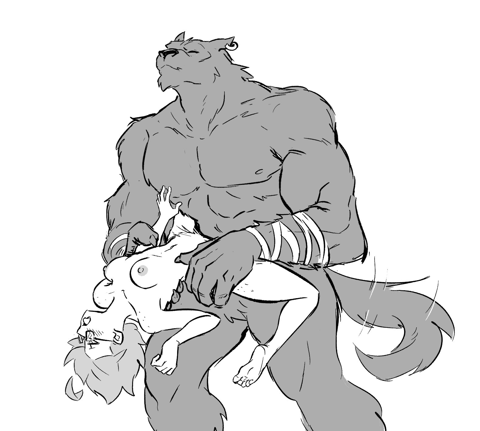 1boy, 1girls, anthro, blush, breasts, canid, canine, carrying, carrying partner, cocksleeve, duo, earring, eclair (spicymancer), feet, female, femsub, fleshlight position, furry, glasses, hair, head back, human, larger male, living fleshlight, male, male/female, maledom, muscular, muscular male, naked, nipples, nude, pleasure face, sex, size difference, smaller female, spicymancer, stand and carry position, standing sex, torso grab, werewolf, wolf