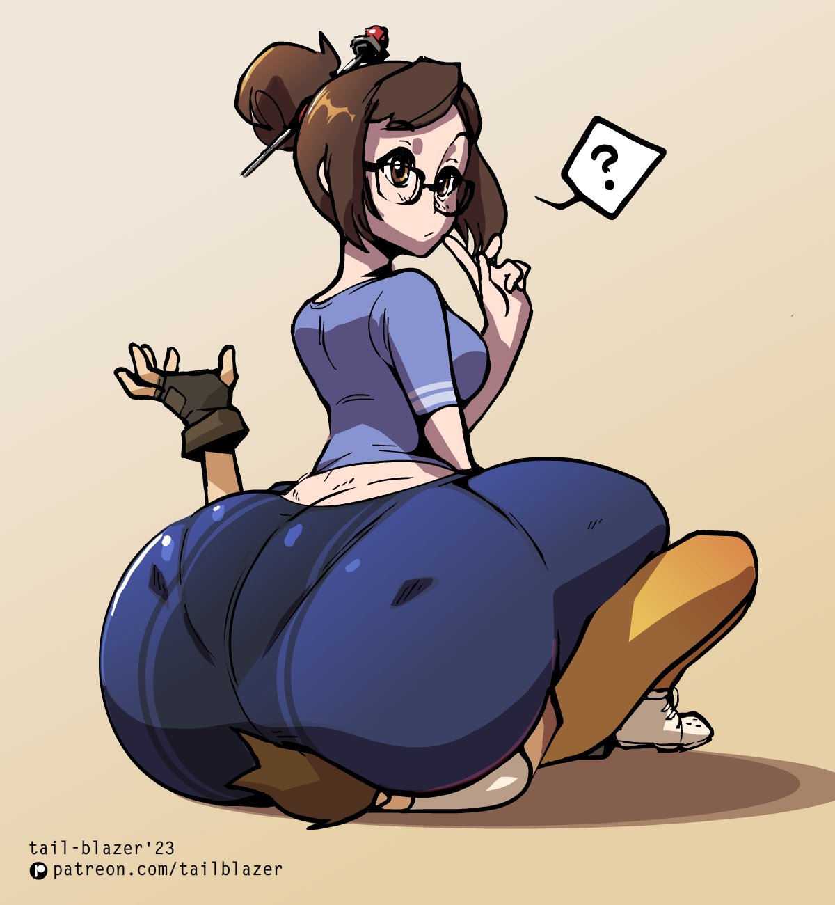 2023 ass ass_cleavage blizzard_entertainment bottom_heavy brown_eyes brown_hair butt_crack facesitting female female_only glasses huge_ass mei_(overwatch) overwatch tail-blazer thick_thighs thighs tight_pants tracer unaware_facesitting