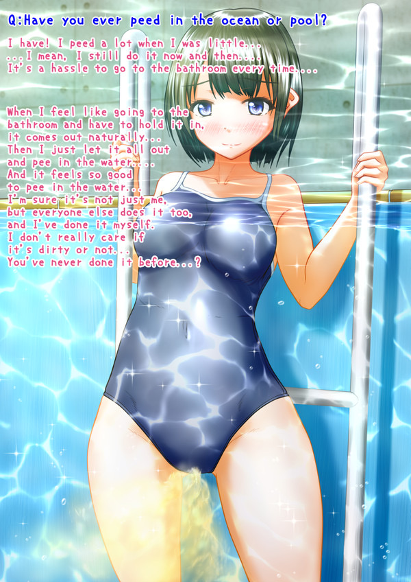 bob_cut dialogue green_hair light_blush one-piece_swimsuit original original_character peeing peeing_self peeing_underwater pullpull15 sukumizu swimming_pool swimsuit swimwear urinating urinating_female urination urine urine_stream